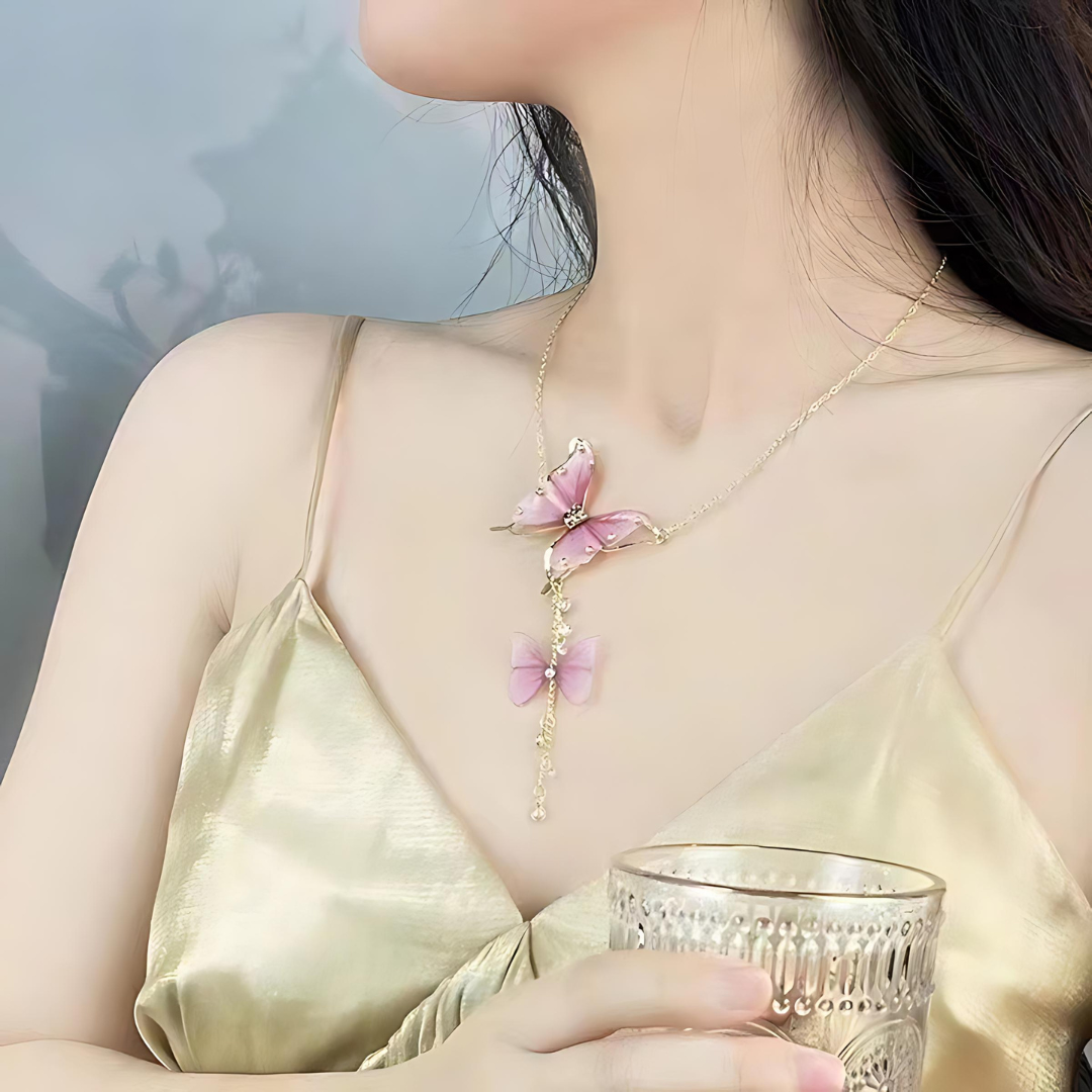 Elegant Pink Butterfly Tassel Lariat Y Necklace with Pearl Accents | Dainty Boho Jewelry for Women | Perfect for Parties, Weddings & Date Nights | HN3246
