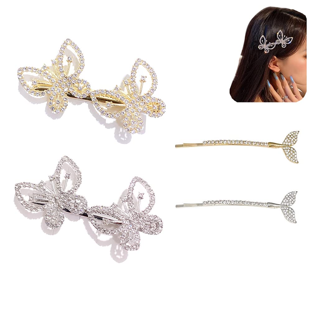 2Pcs Diamond Butterfly Hair Clips for Women - Elegant Duckbill & Fishtail Side Clips, Sparkly Bangs Hairpin, Headdress Accessories for Parties, Weddings & Daily Styling