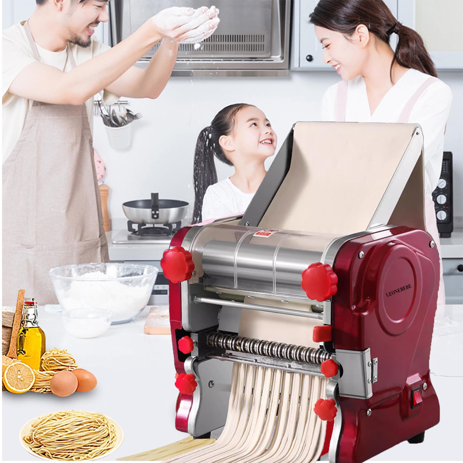 550W Commercial Electric Pasta Maker Machine - Heavy Duty Stainless Steel Noodle Maker with 3mm & 9mm Blades, Adjustable 0.3-5mm Thickness, Dough Press & Cut Function, 110V for Home Kitchen & Restaurant Use - Perfect for Making Fresh Pasta, Lasagna, Fettuccine & Ravioli Dough