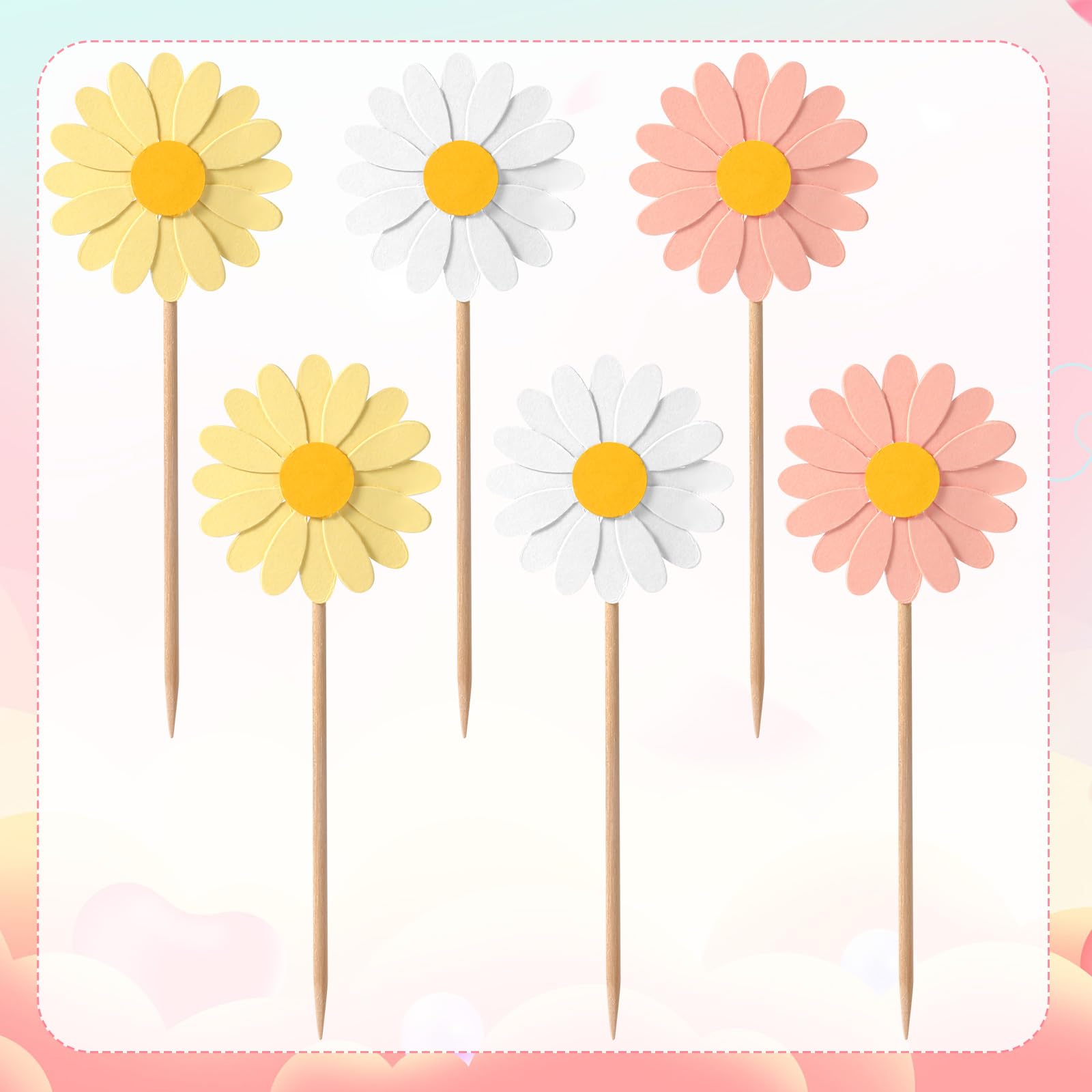 24pcs Daisy Cupcake Toppers - Premium Paper Flower Cake Decorations for Weddings, Birthdays & Parties (Pink, White, Yellow) | Elegant Cupcake Inserts & Celebration Decor for Baby Showers, Bridal Showers & Special Events