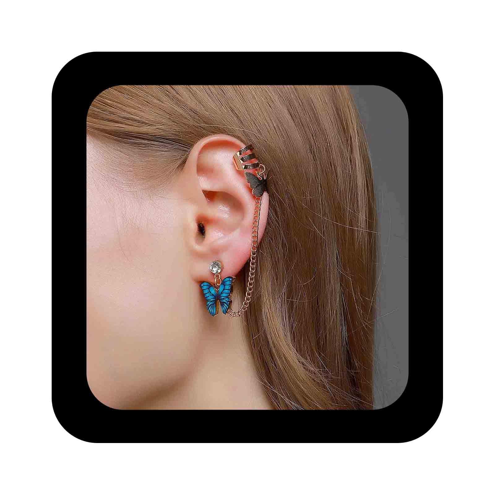 Bohemian Butterfly Cuff Chain Earrings - Gold Helix Cartilage Earrings with Blue Paved Butterfly & Tassel Design for Women | Perfect for Piercing, Parties & Boho Fashion Accessories