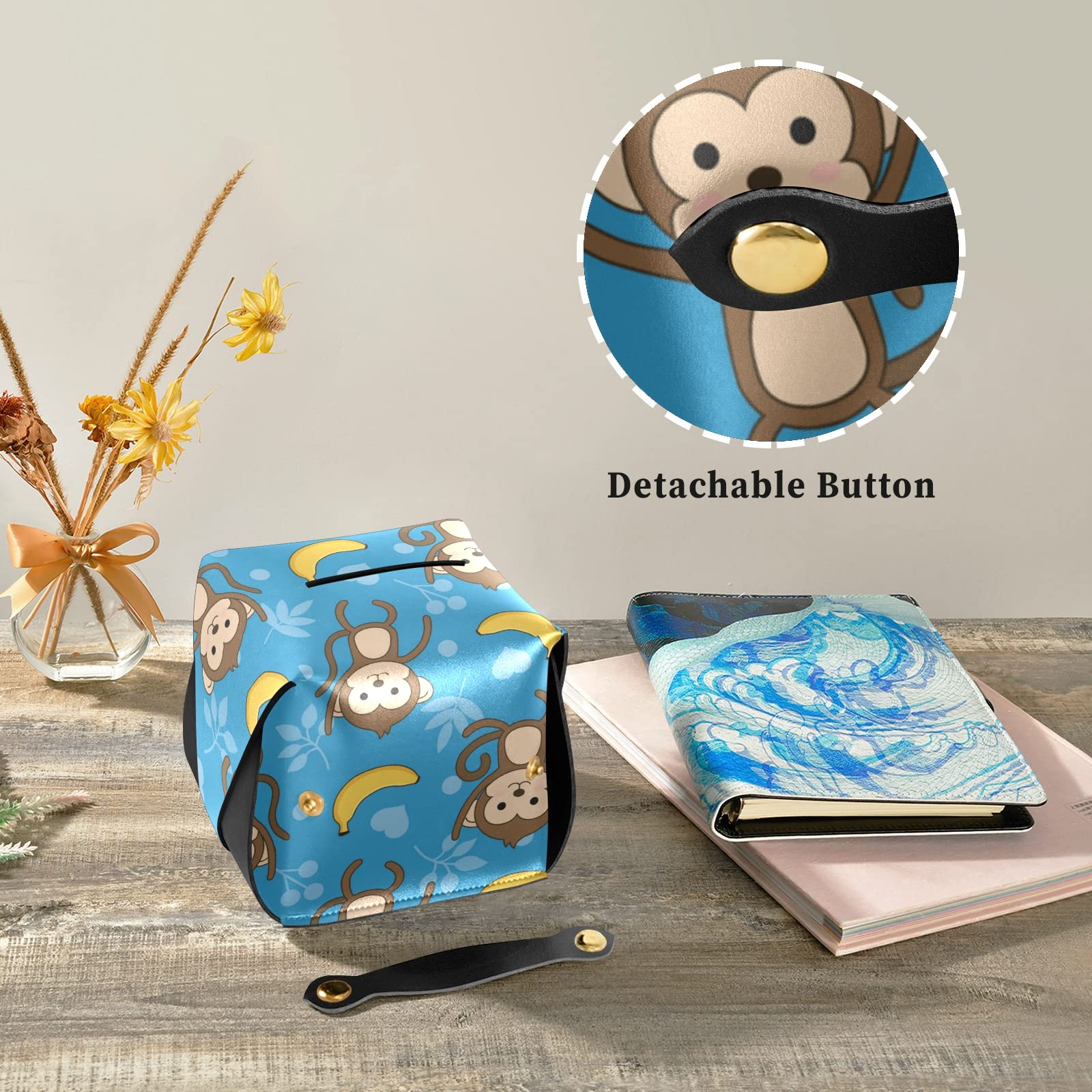 Cute Cartoon Monkey Tissue Box Cover - Rectangular Leather Tissue Holder with Handle for Facial Tissues | Perfect for Nightstands, Bathroom Vanity, Countertops, Desks & Bedroom Decor