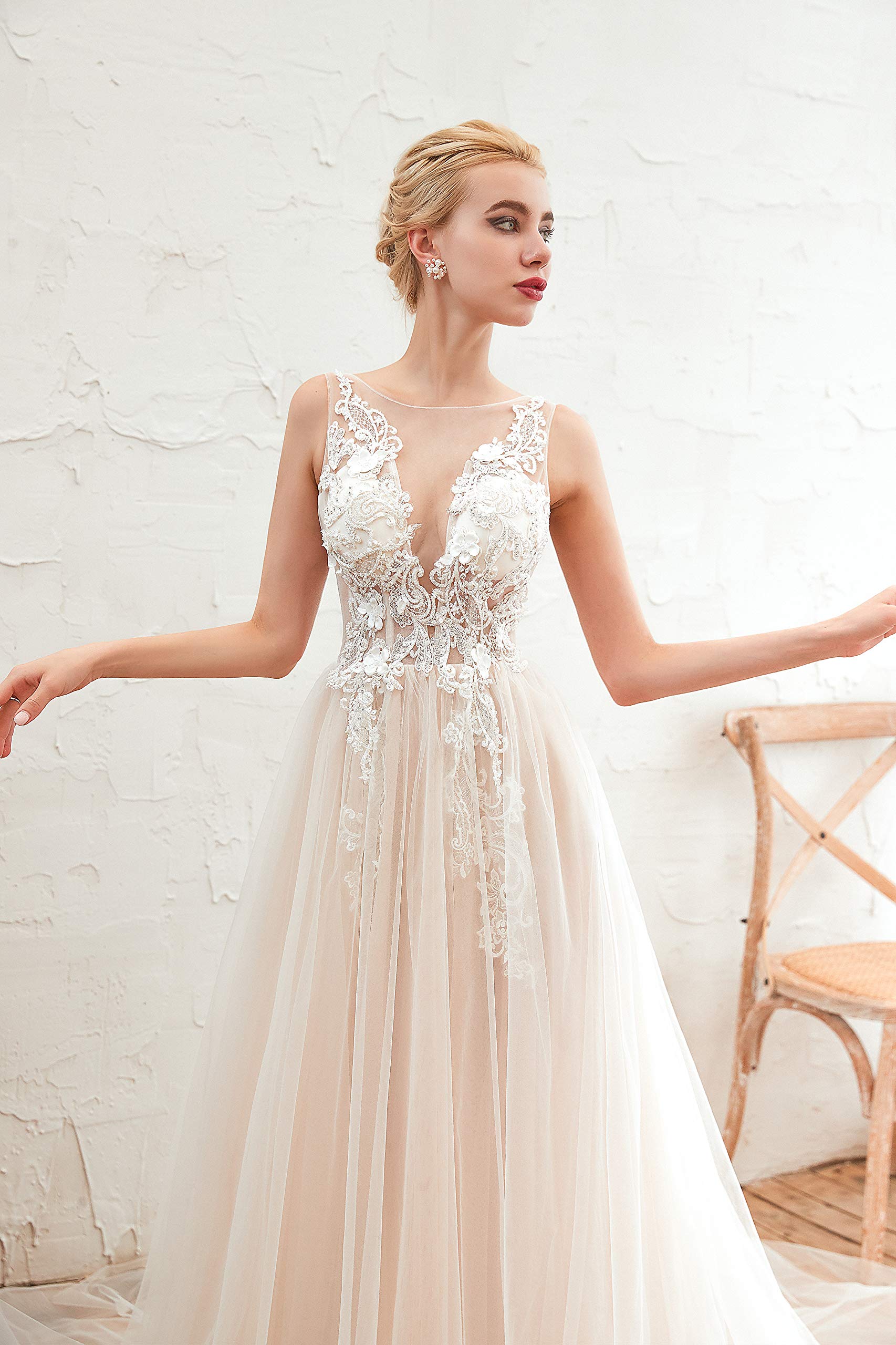 Elegant Illusion Lace A-Line Prom Wedding Dress for Women - Perfect for Beach Weddings, Formal Events & Special Occasions