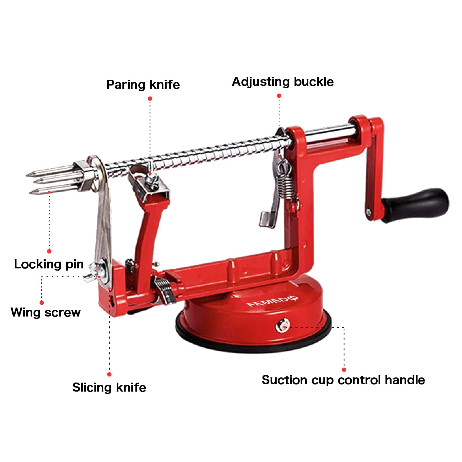 Stainless Steel Apple Peeler Slicer Corer with Powerful Suction Base - Easy to Peel, Slice & Core Apples, Pears, Potatoes (Red) - Perfect for Baking, Cooking, Meal Prep & Fruit Salad Making