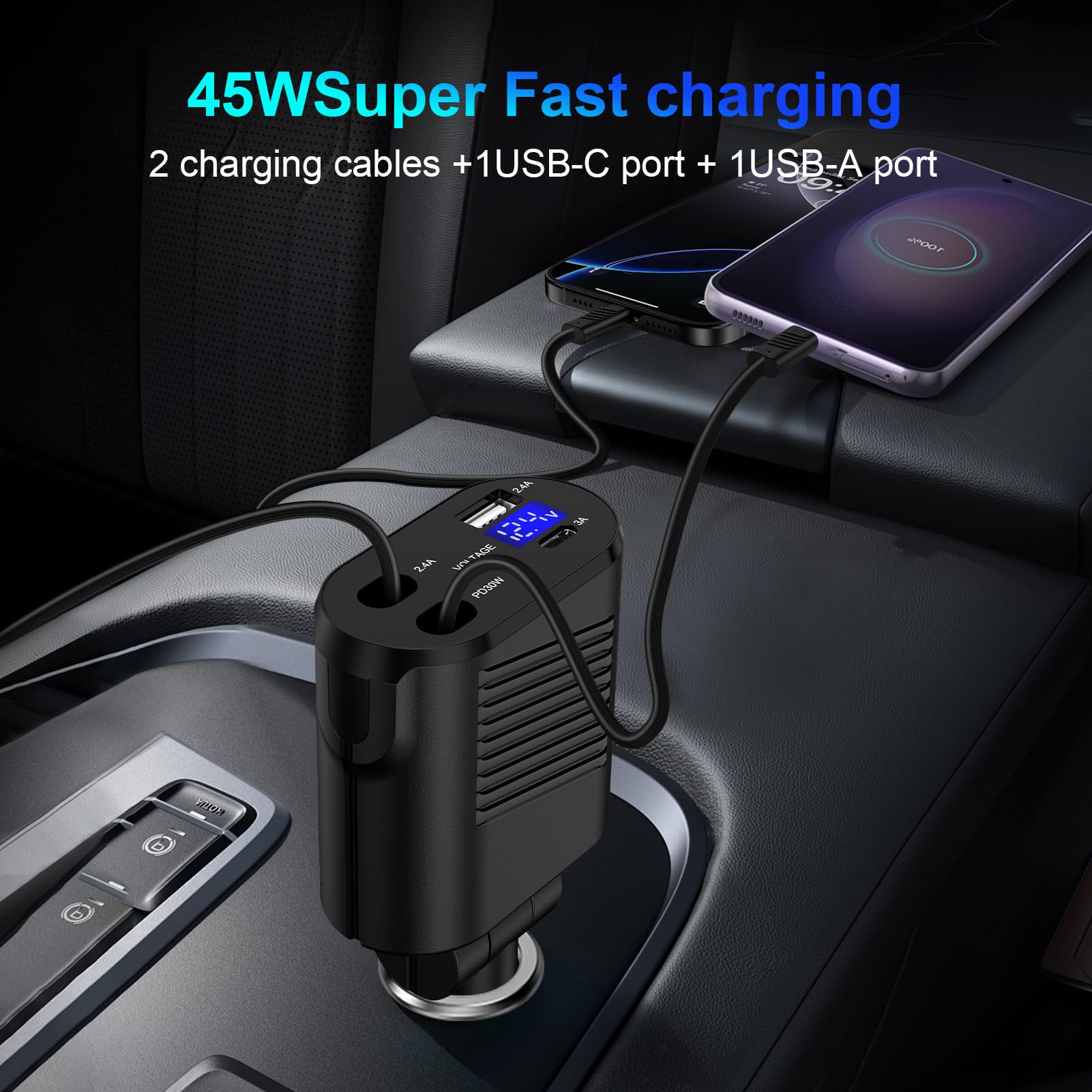 45W Fast Charging Retractable Samsung Car Charger - USB C 4-in-1 Adapter for iPhone 16/15 Pro Max, Galaxy S25/S24/S23/S22/S21/S20 Ultra FE/Z Flip/Fold 6, Google Pixel 9/8/7/6 Pro - Perfect for Road Trips & Daily Commutes