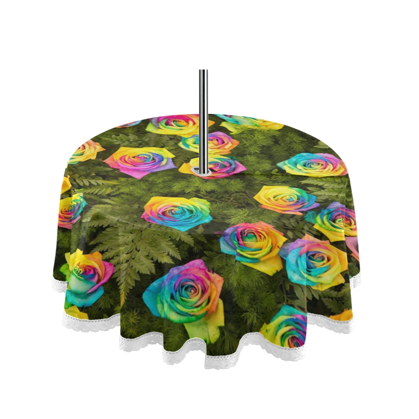 Rainbow Roses Leaves Outdoor Tablecloth with Umbrella Hole & Zipper - Waterproof Spring Summer Picnic Table Cover for Backyard, Patio, Garden Parties - Machine Washable Decor for Outdoor Dining & BBQ Gatherings
