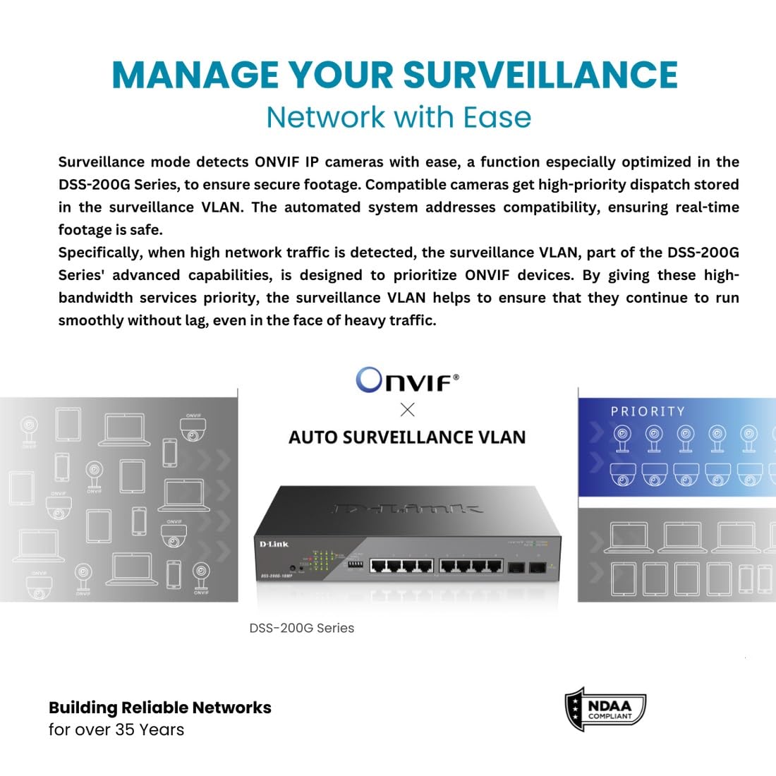 D-Link DSS-200G-10MP 10-Port Gigabit PoE+ Switch - 8 PoE Ports (130W), 2 SFP Ports, Smart-Managed for Office Network & IP Camera Systems