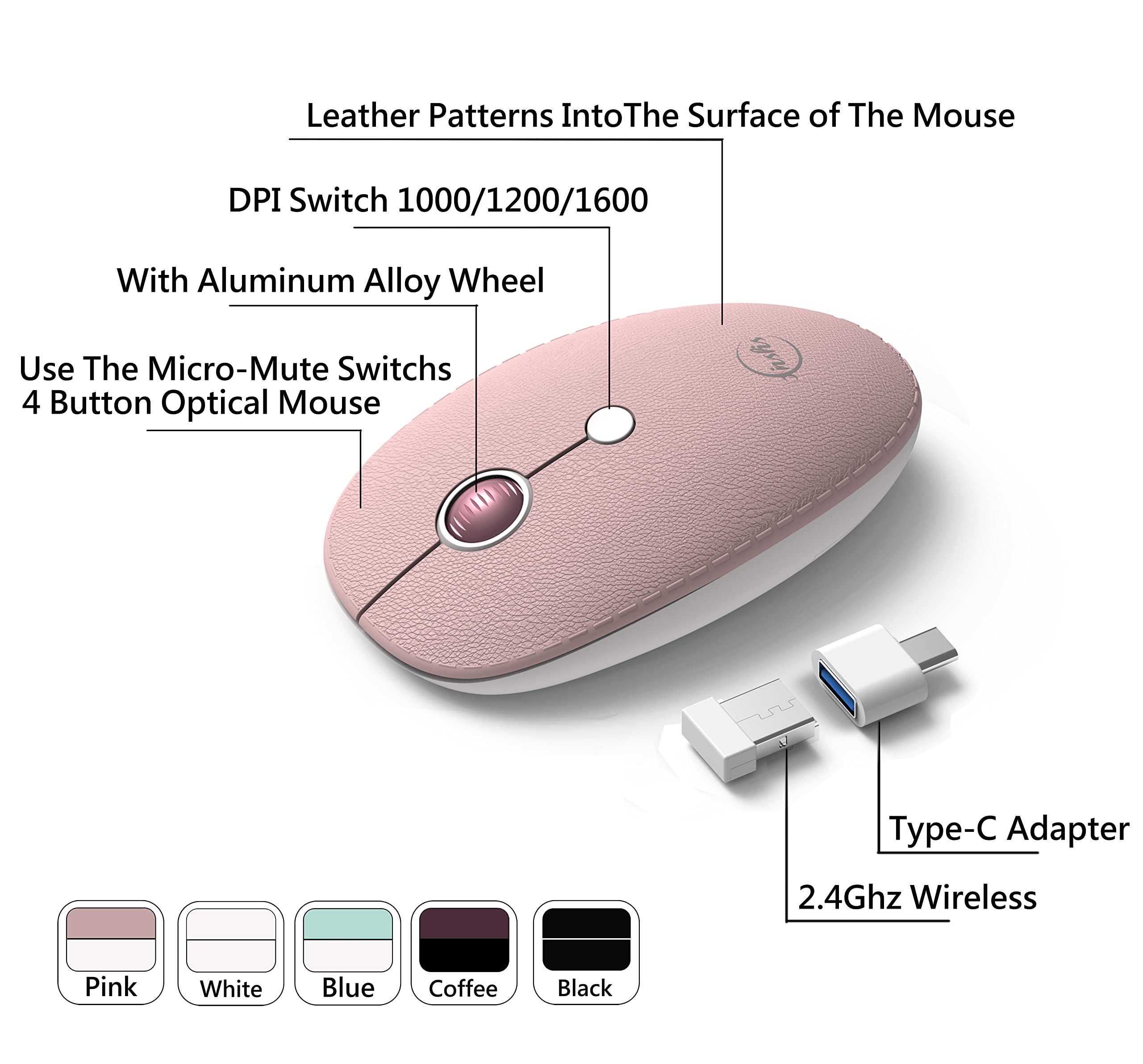 Premium 2.4G Wireless Mouse for Laptop - Ergonomic Aluminum Alloy Computer Mouse with 3 Adjustable DPI Levels & Luxury Leather Finish in Pink - Perfect for Office, Gaming, and Travel Use