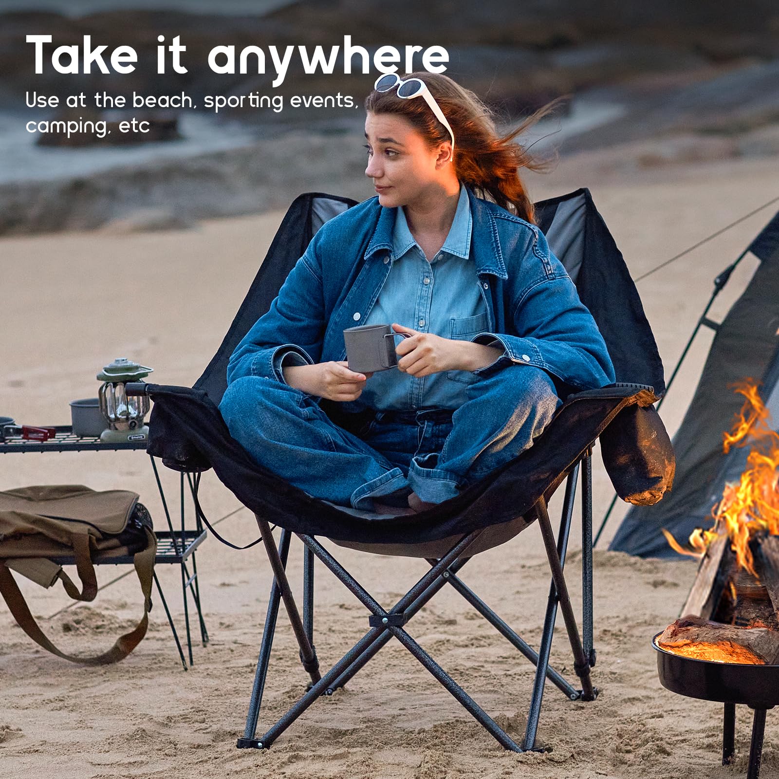 KingCamp Heated Camping Chair with 3 Heat Levels - Oversized Folding Padded Outdoor Chair for Adults, Includes Cooler Bag & Cup Holder (Black/Grey) - Perfect for Camping, Backyard, Fishing & Outdoor Events