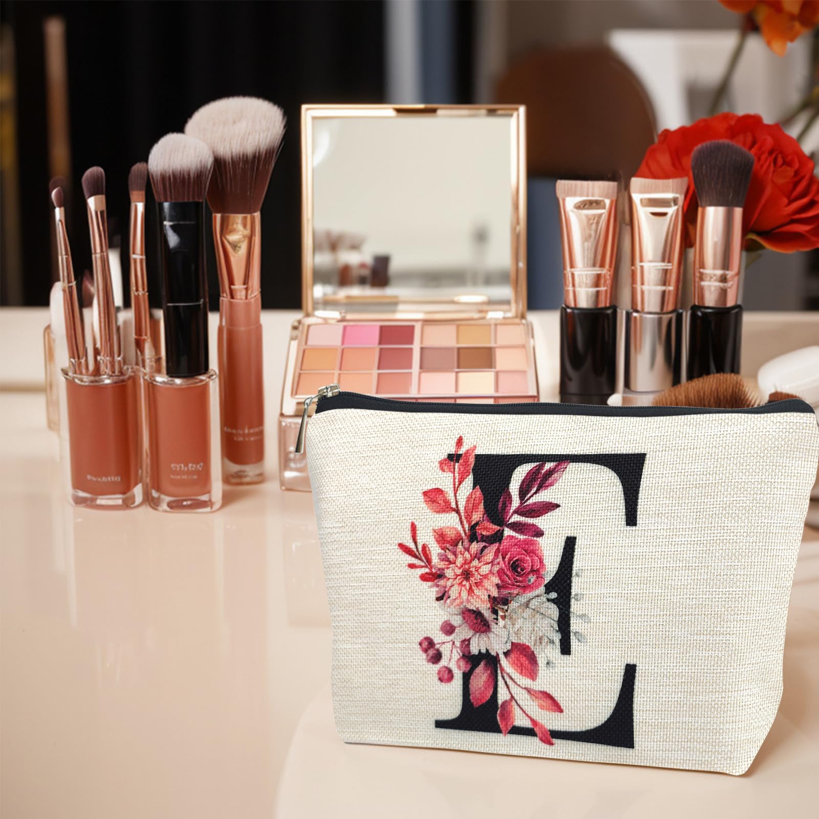 Personalized Floral Monogram Makeup Bag - Custom A-Z Initial Cosmetic Pouch for Women, Mom, Best Friend, Bride, Bridesmaid & Grandma | Perfect Birthday, Mother's Day, Christmas Gift | Travel-Friendly Small Cosmetic Bag for Weddings, Vacations & Everyday Use