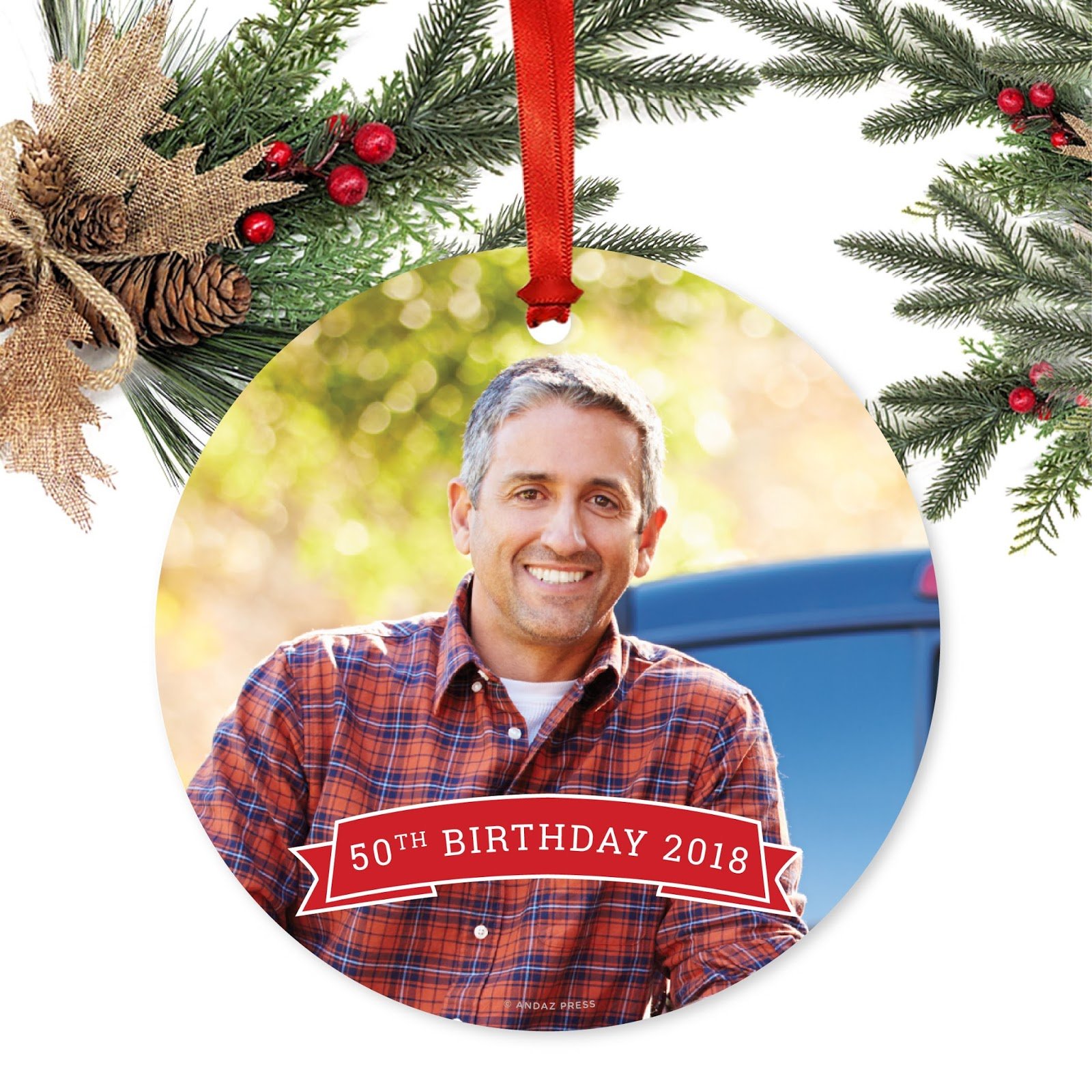 Personalized Christmas Ornament with Red Banner - Custom Photo Keepsake for 50th Birthday 2024 - 1-Pack Includes Ribbon & Gift Bag - Perfect for Holiday Decorations, Family Gifts & Christmas Tree Ornaments