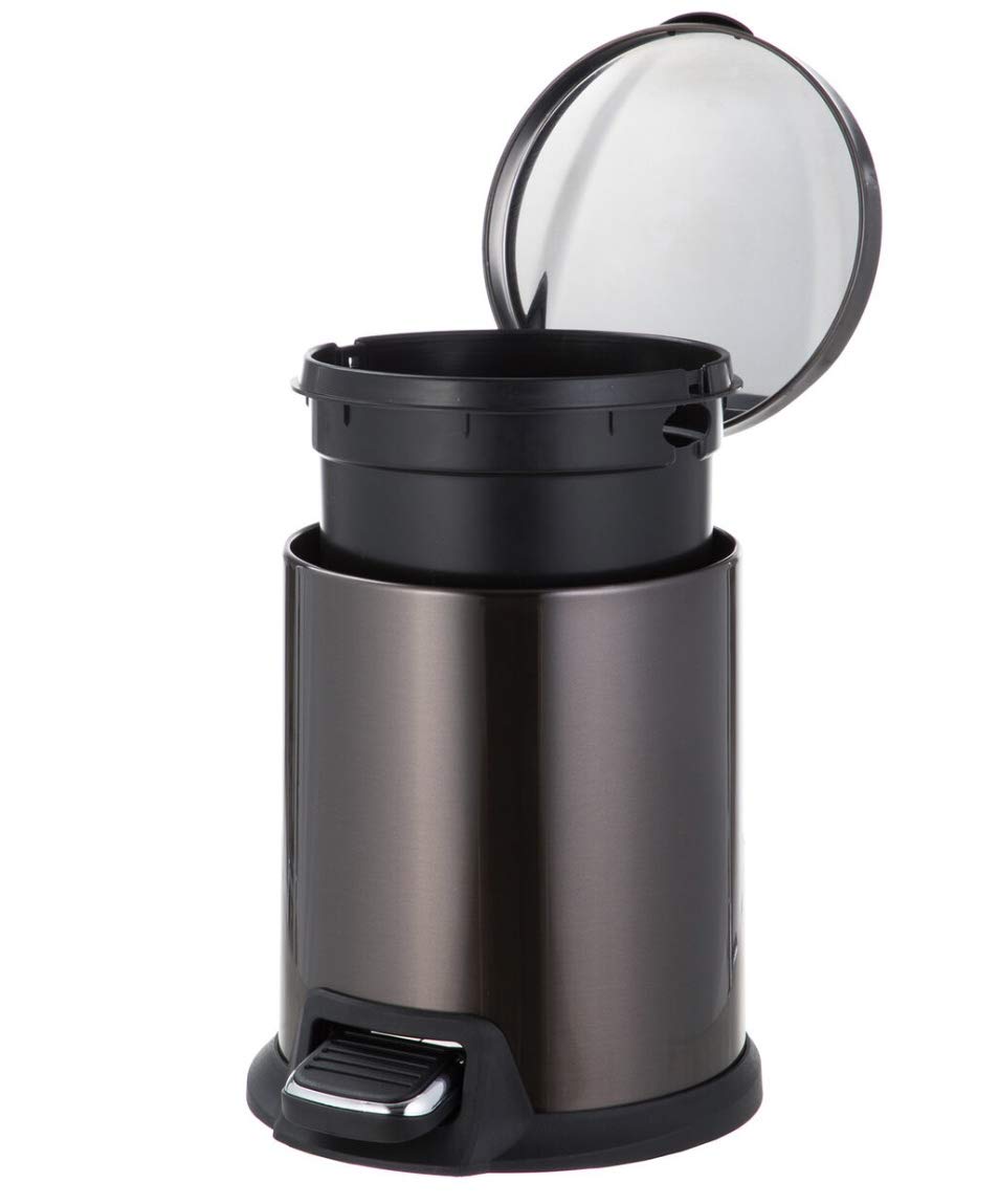 5L Stainless Steel Round Pedal Trash Can - Home & Office Waste Basket Garbage Bin (Black) for Kitchen, Bathroom, and Bedroom Use