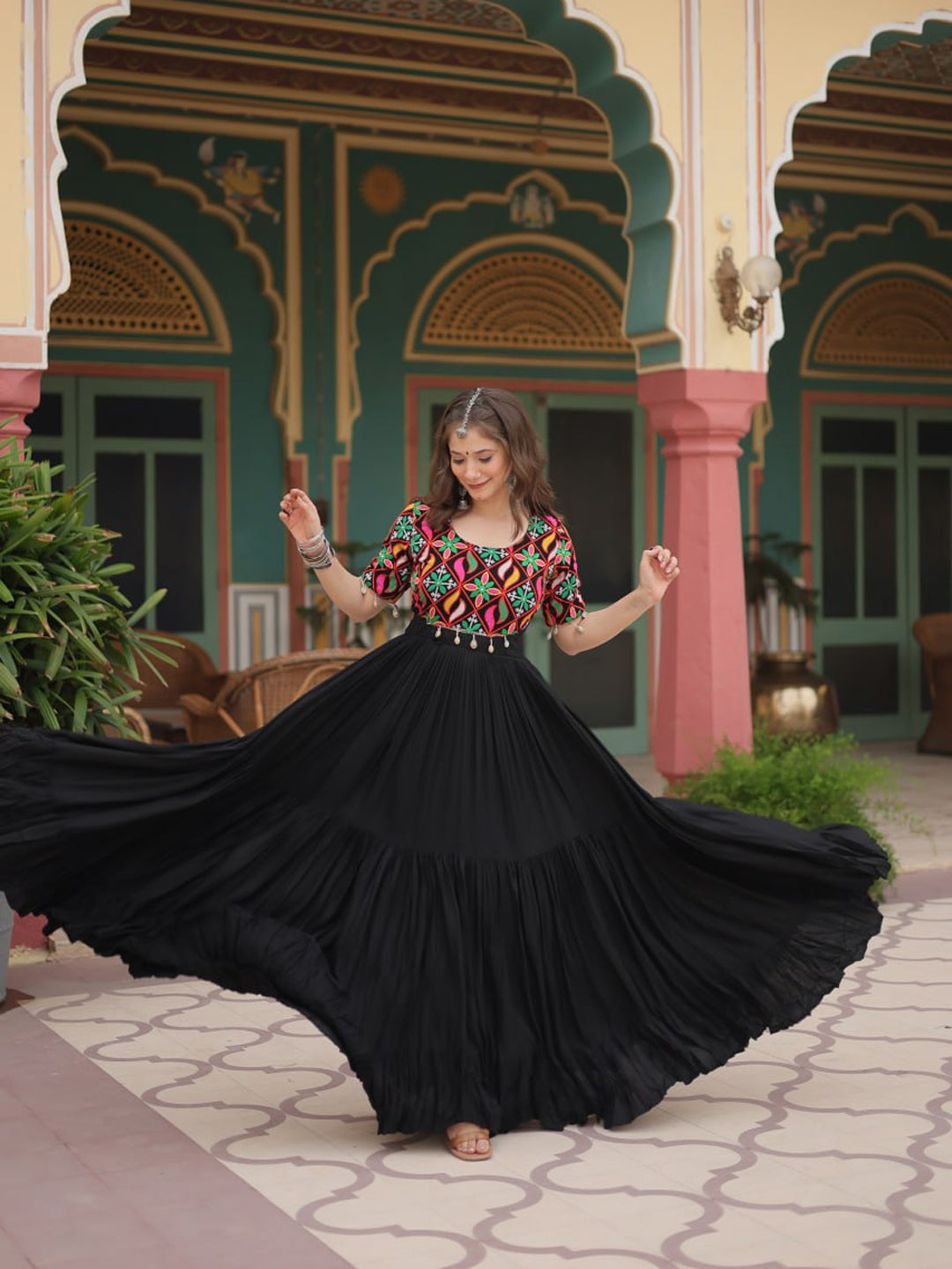 Black Faux Georgette Embroidered Gown for Navratri Festival - Elegant Heavy Ready-to-Wear Dress for Puja Celebrations & Special Occasions