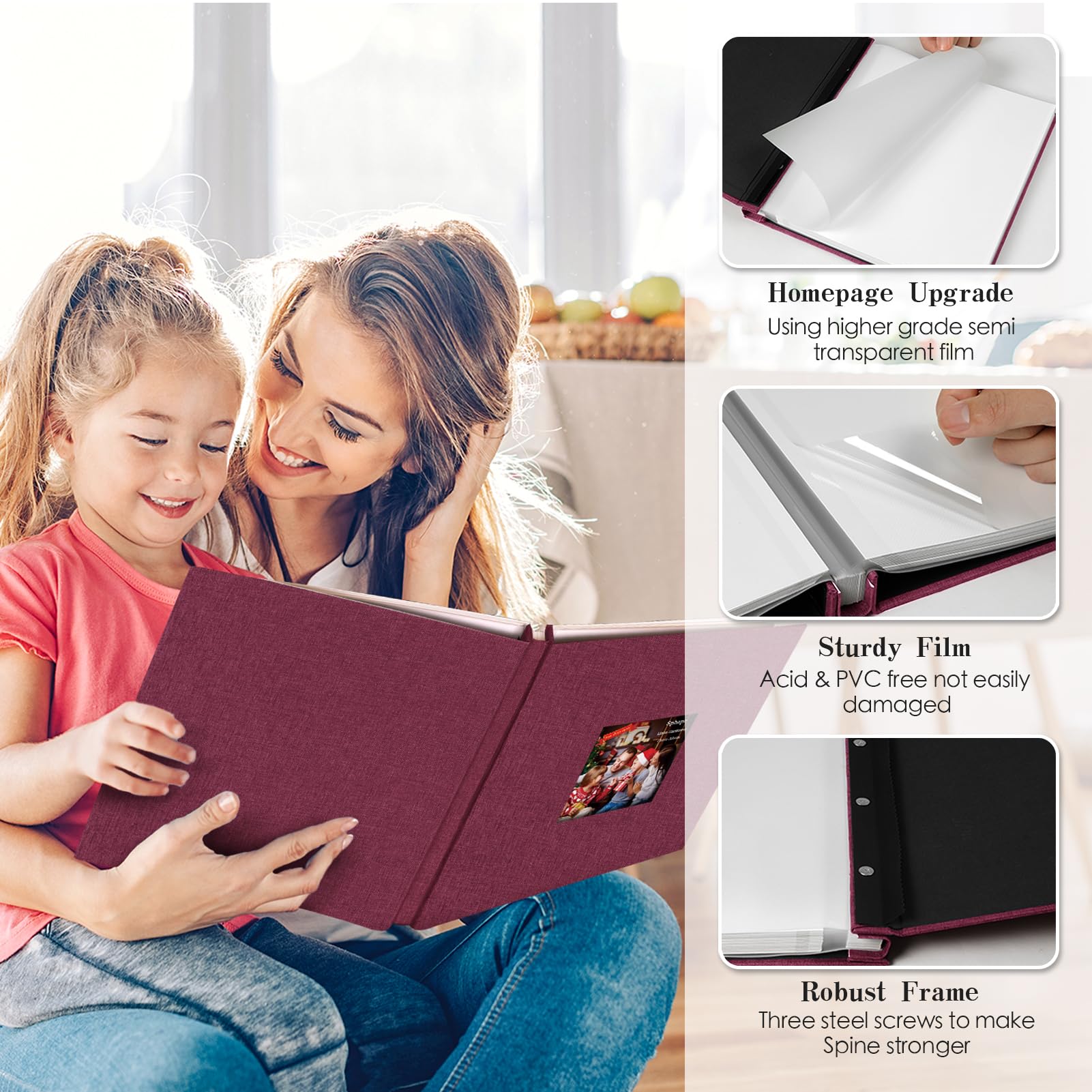 Premium DIY Magnetic Scrapbook Album with Linen Cover - Holds 4x6, 5x7, 6x8, 8x10 & 10x12 Photos - Includes Metal Pen Holder - 60 Pages (13.2