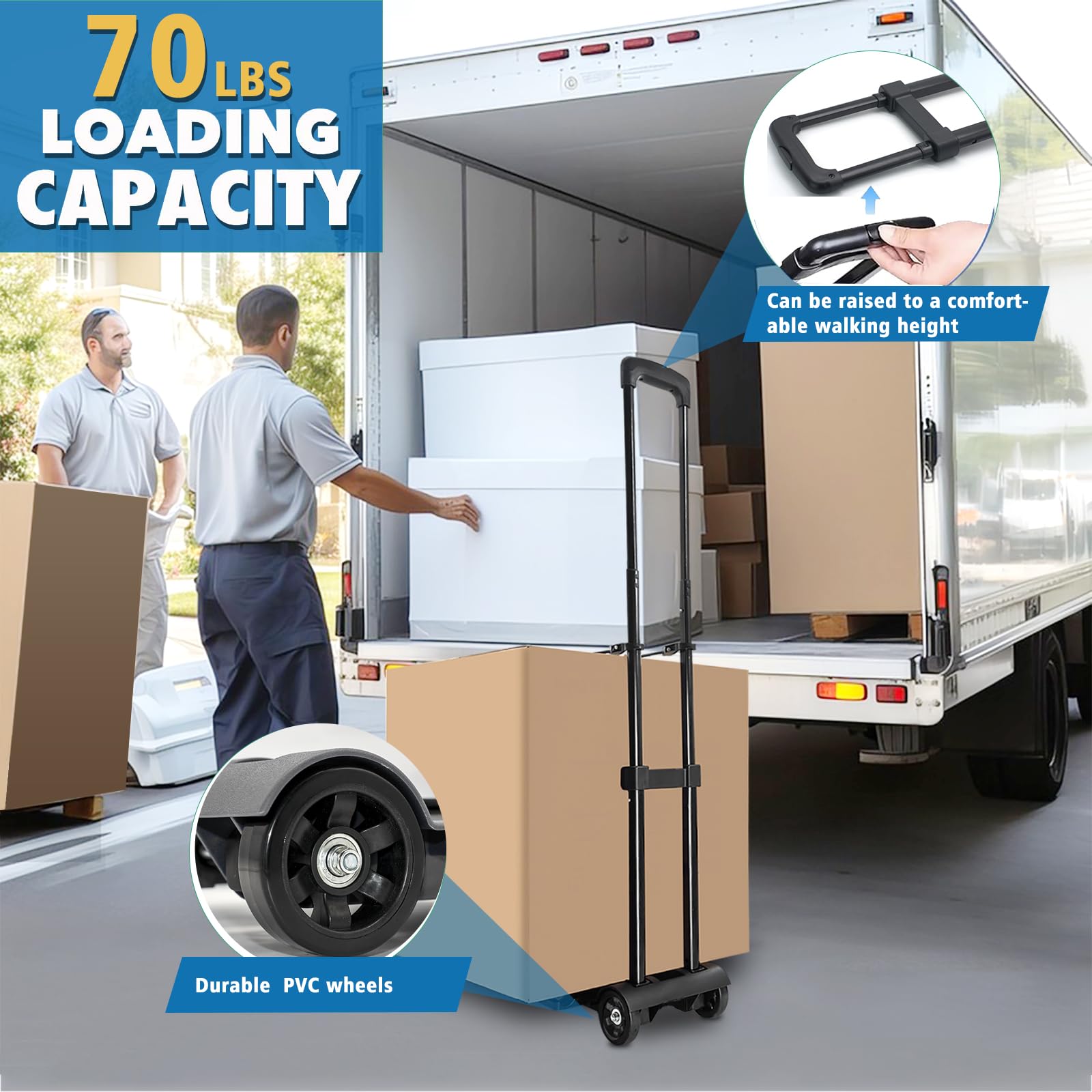 70 lbs Heavy Duty Folding Hand Truck Dolly with 2 Wheels - Compact Foldable Luggage Cart with Expandable Chassis, Converts to Backpack for Easy Storage - Perfect for Airport Travel, Office Moving, Grocery Shopping & Warehouse Use (Black Steel Frame)