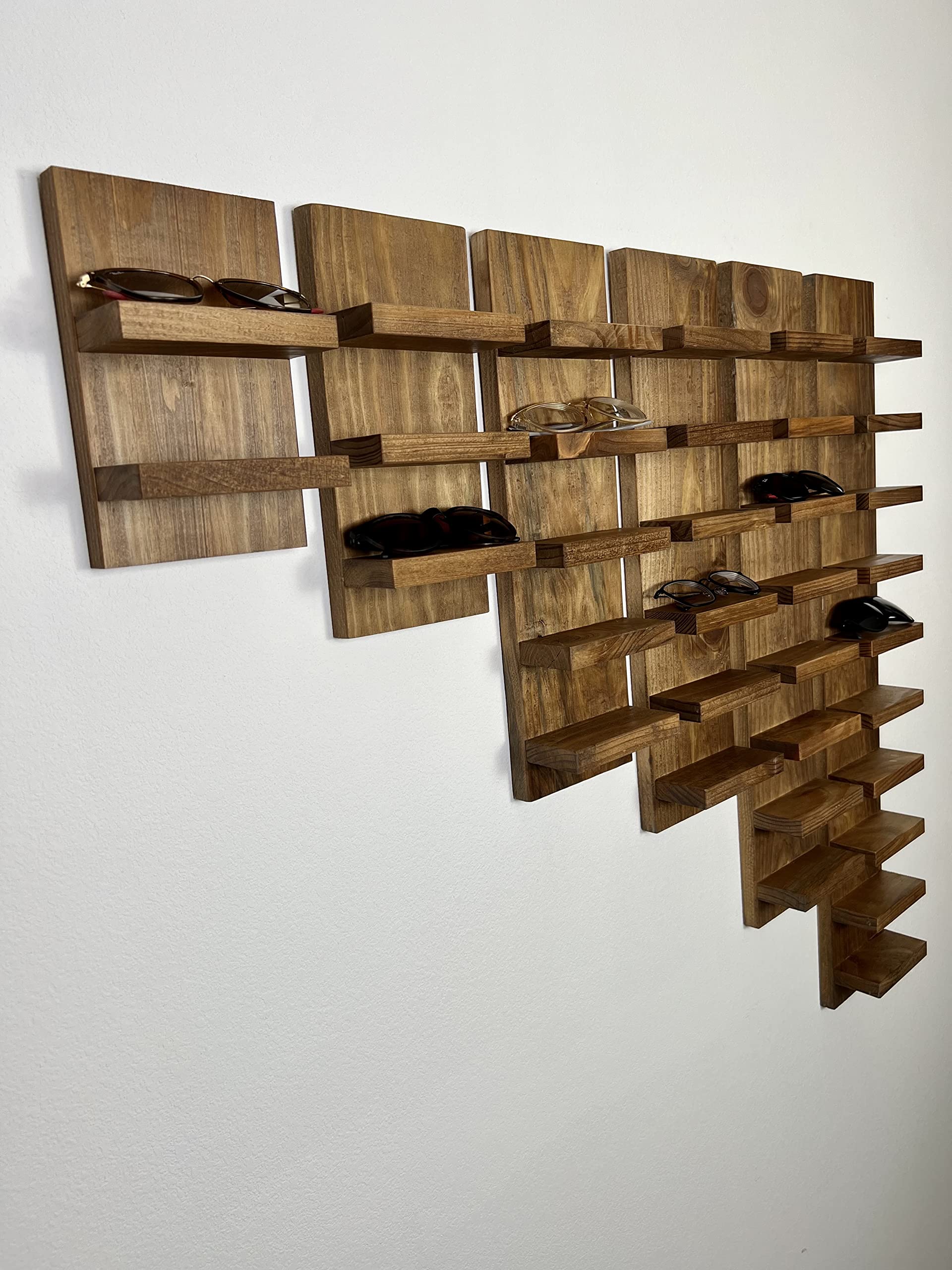 Wooden Sunglasses Shelf - Floating Wall Shelf for Entryway Organization | Eyeglass Rack & Storage Solution | Premium Wall Mounted Shelving (10-Shelf Set, Black) - Perfect for Bathroom, Bedroom, or Office Accessory Display