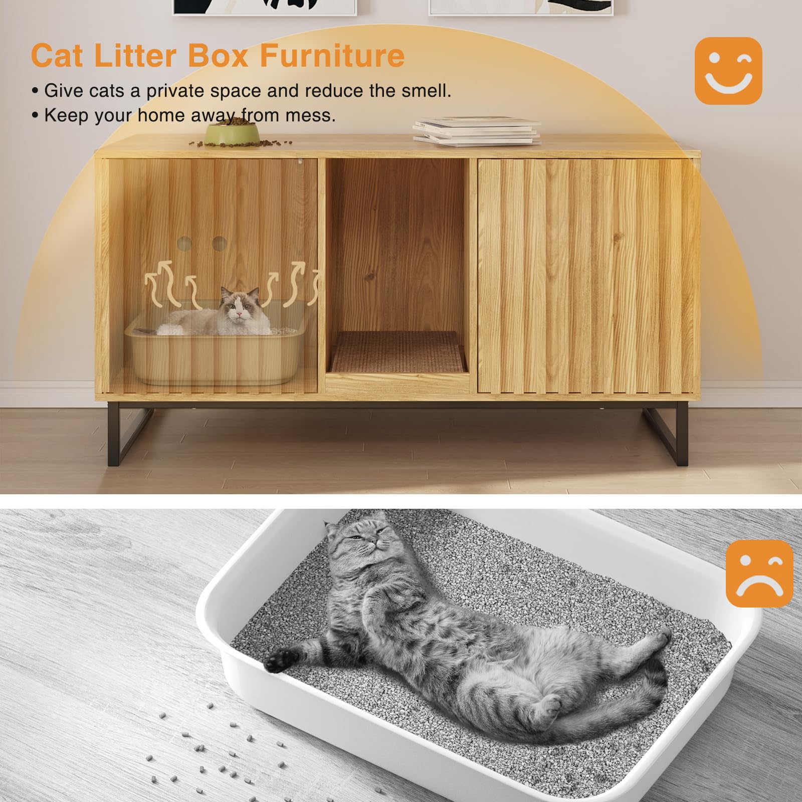 47.6’’ Large Cat Litter Box Enclosure Furniture for 2 Cats - Hidden Double Room Cat Cabinet with Scratch Pad | Indoor Cat House, TV Stand & Side Table | Perfect for Small Spaces & Multi-Cat Homes