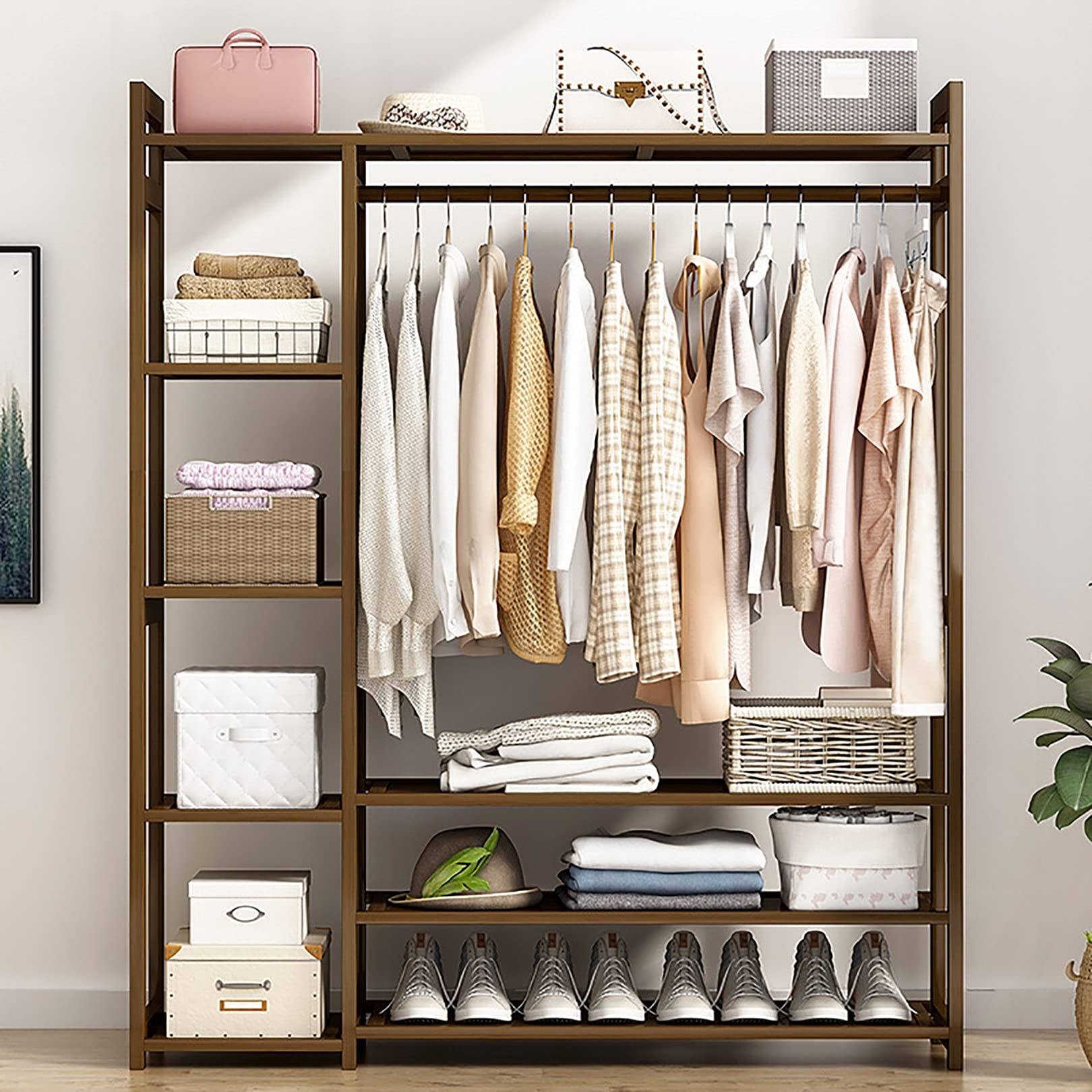 ZQKJLH Free Standing Bamboo Garment Rack - Multi-Functional Coat Stand & Shoe Storage Organizer for Entryway, Bedroom, Living Room (Walnut, 43.3