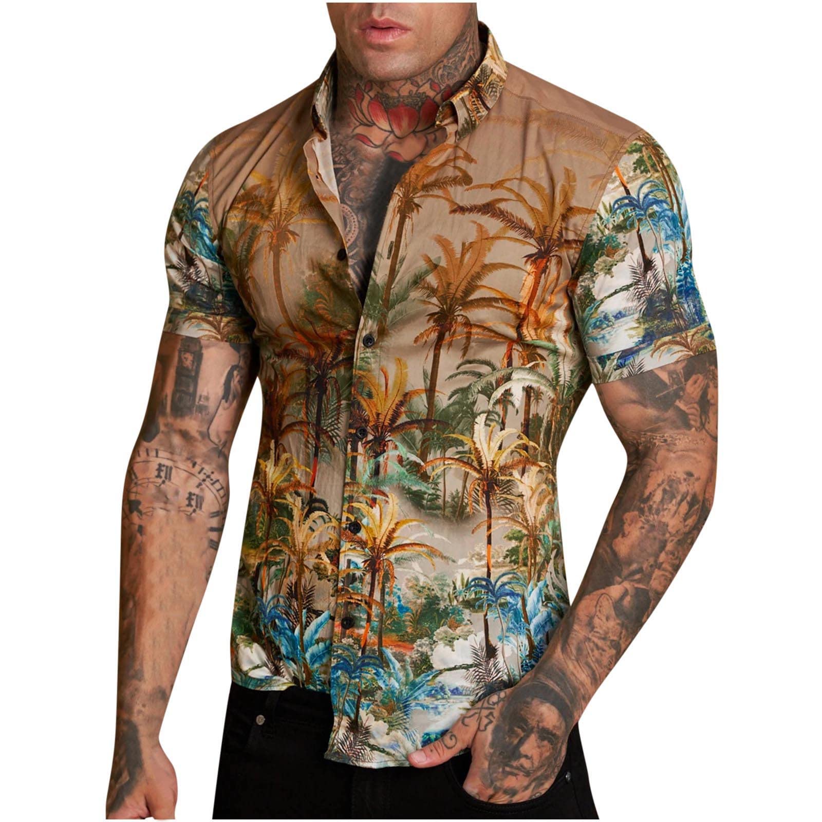 Men's Short Sleeve Button-Up Shirt with Palm Tree Print - Casual Beach Wear for Summer Outings, Vacations & Tropical Parties