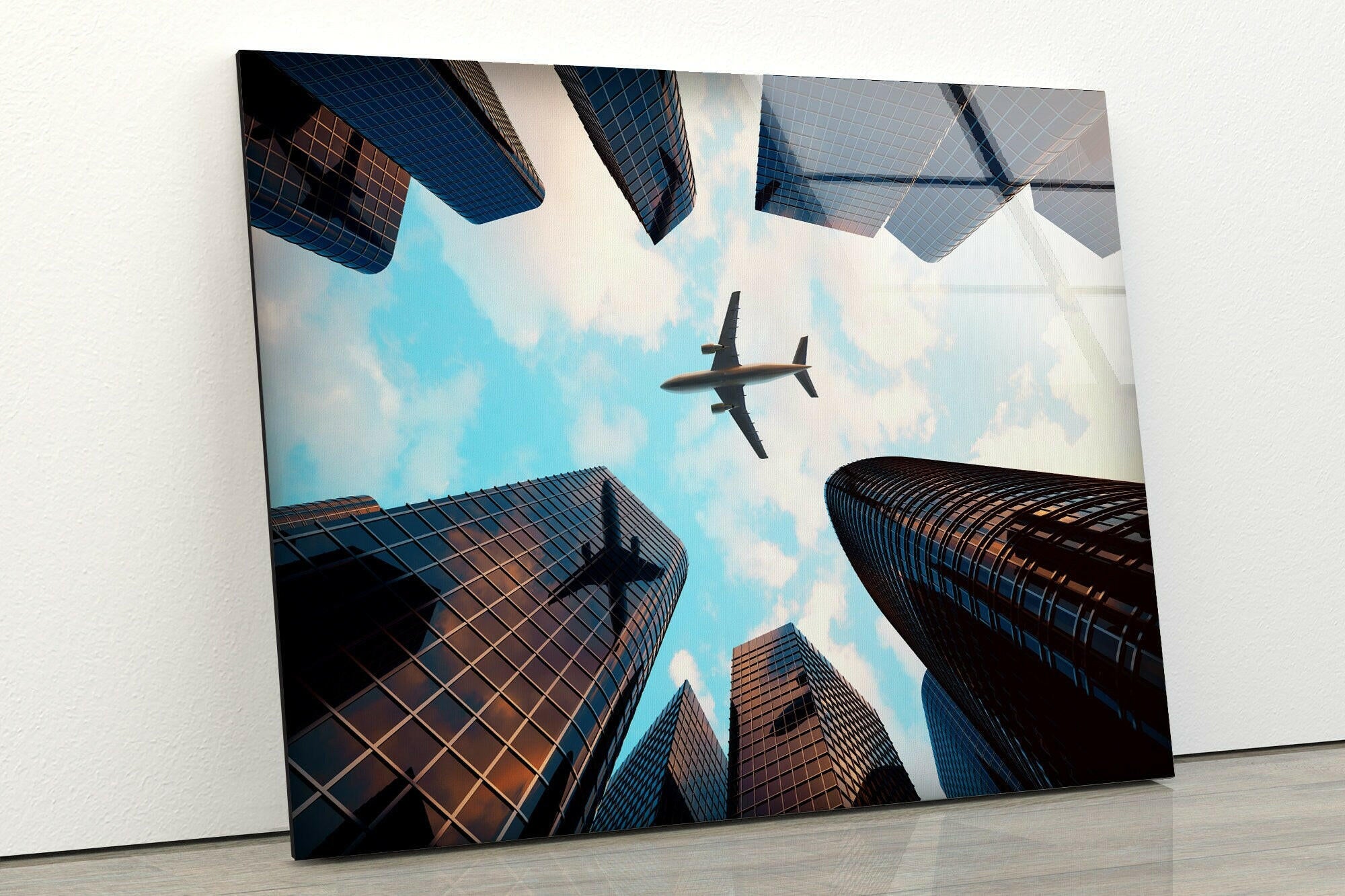Modern City Skyline & Airplane Glass Wall Art - Urban Decor for Living Room, Office & Bedroom