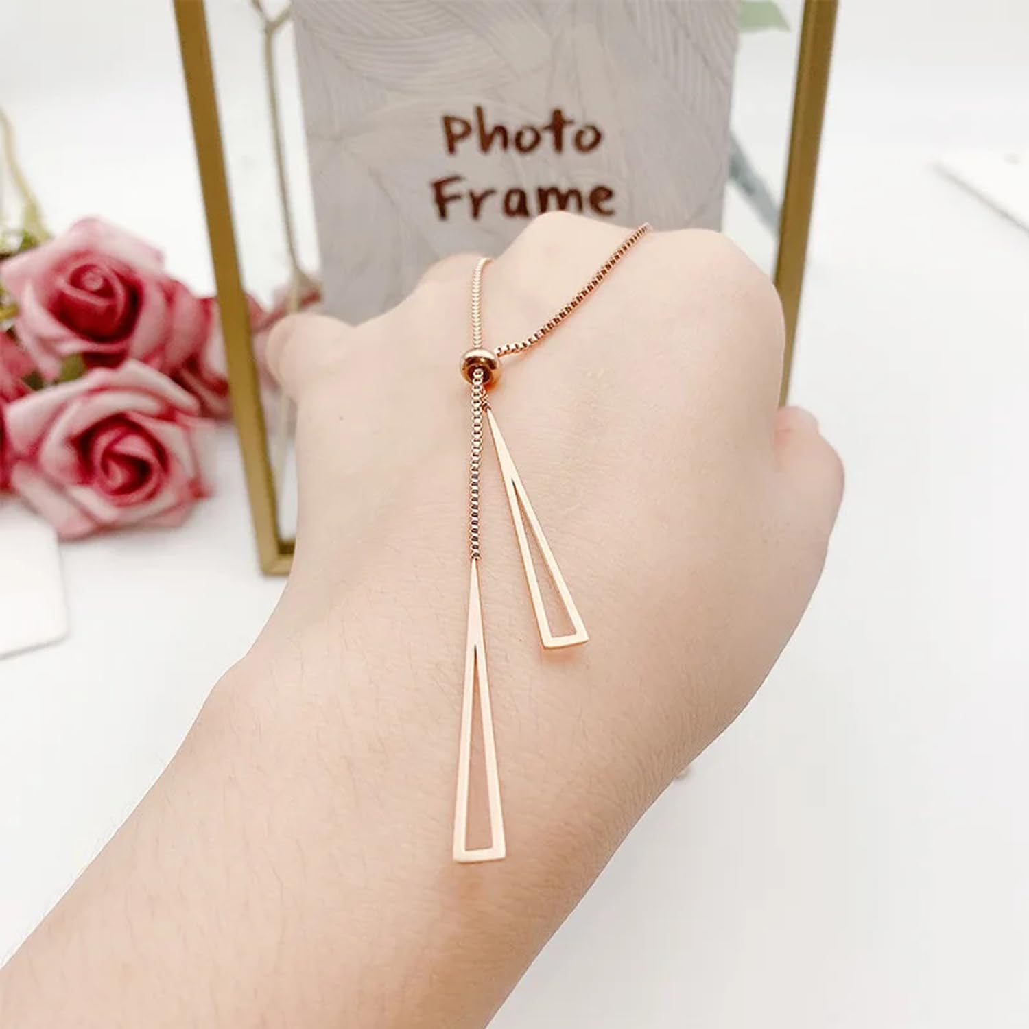 Elegant Silver Chain Necklace for Women - Stainless Steel Rose Gold Long Triangle Pendant Necklace, Perfect Gift for Women & Girls | Ideal for Parties, Dates & Everyday Wear