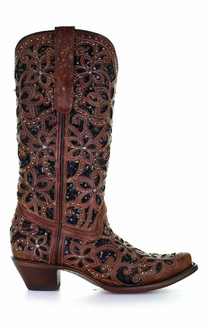 Women's Western Cowgirl Leather Boots - Corral Tan/Black - Stylish & Comfortable for Rodeo, Country Dancing & Everyday Wear