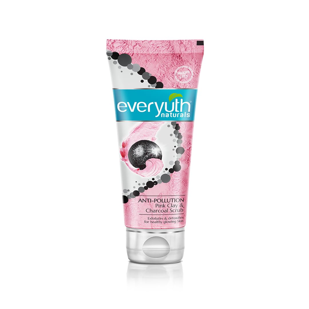 Everyuth Naturals Anti-Pollution Pink Clay & Charcoal Face Scrub 50g - Deep Cleansing & Exfoliating for Glowing Skin - Perfect for Daily Skincare Routine & Pollution Protection