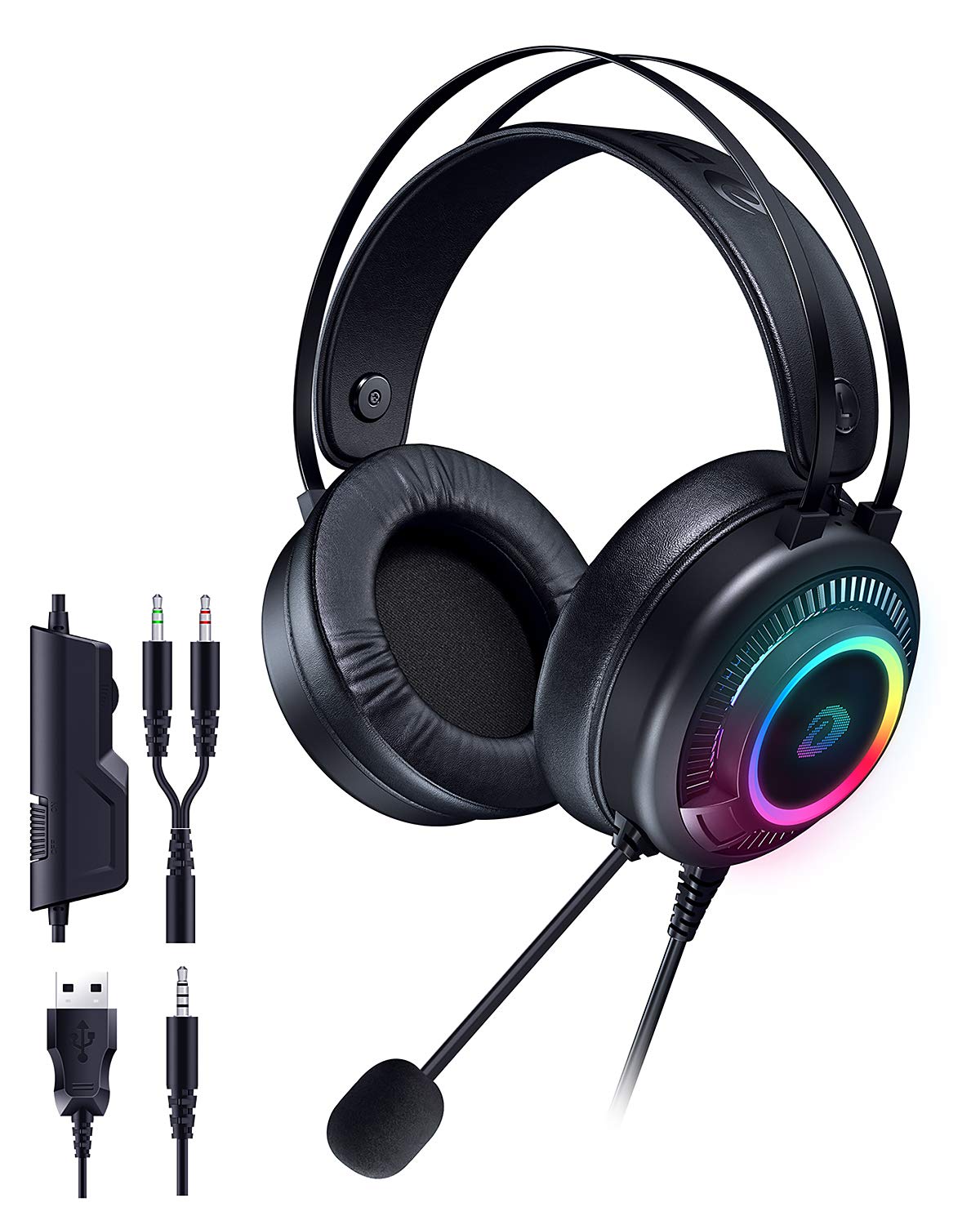 DAREU Gaming Headset with USB & 3.5mm Jack - Noise Cancelling Microphone, RGB Lighting, Bass Boost & Memory Foam Earpads for PS5, PS4, Xbox One, PC, Mac, Laptop & Nintendo Switch - Perfect for Online Gaming, Streaming & Virtual Meetings