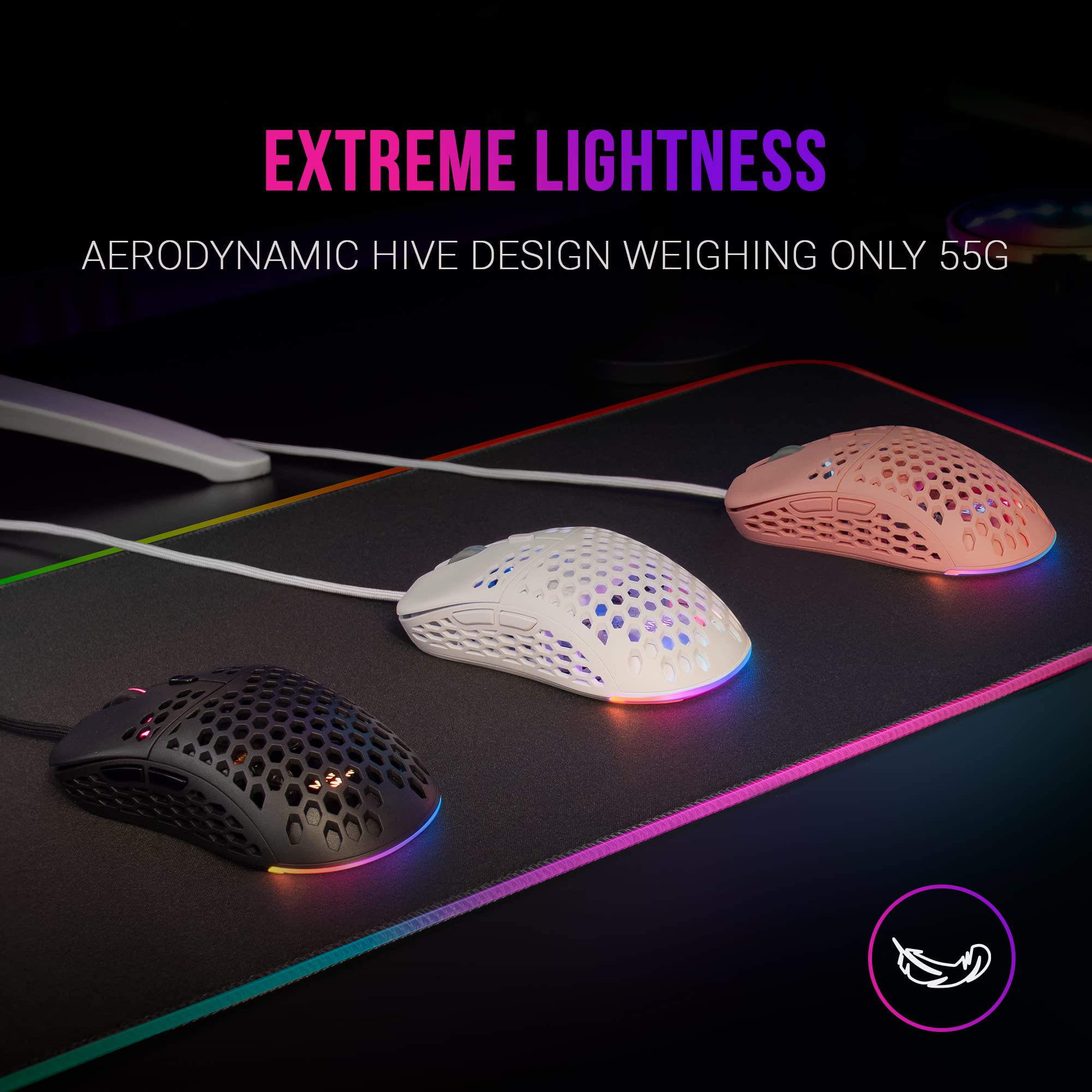 Mars Gaming MM55 Black RGB Chroma Gaming Mouse - Ultra Lightweight 55g, 12800 DPI, Huano Mechanical Switches - Perfect for FPS, MOBA & Esports Gaming