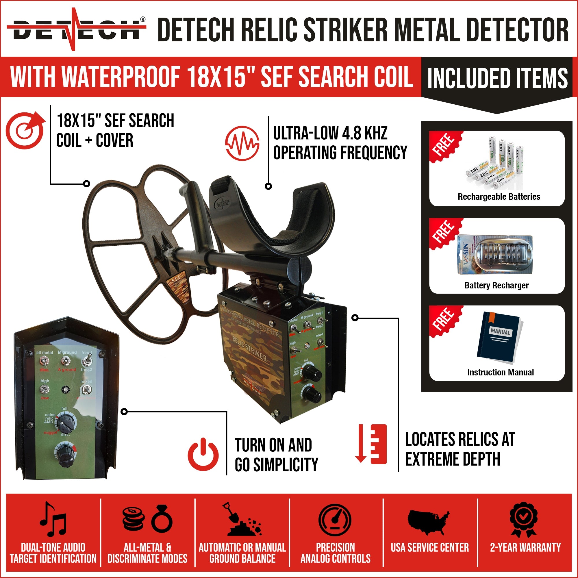 Detech Relic Striker Metal Detector with 18 x 15 SEF Butterfly Coil - Professional Gold & Treasure Hunting Equipment for Beach, Field & Relic Hunting - Includes Accessories & Carrying Bag