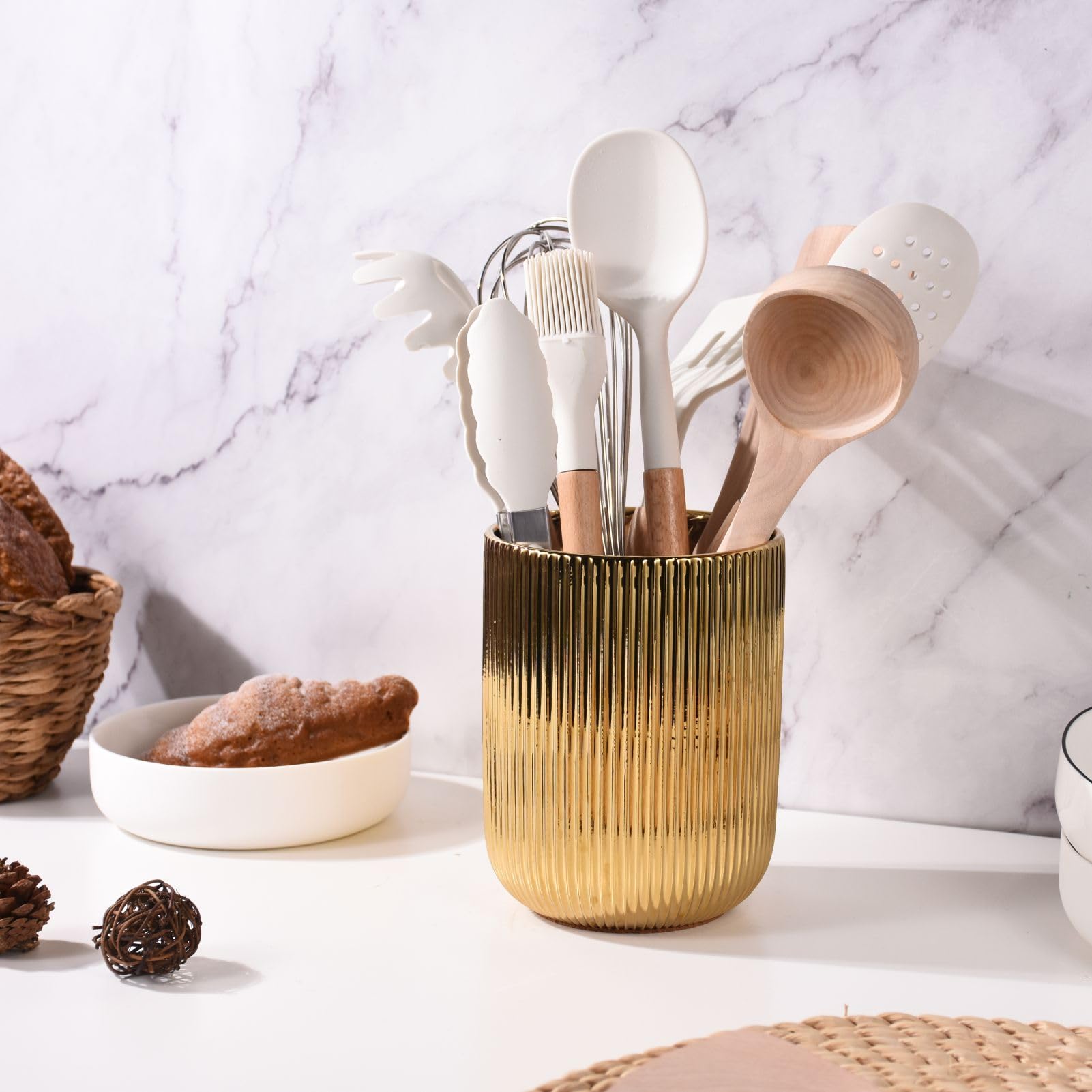 Premium Ceramic Kitchen Utensil Holder with Gold Accents - 5.1