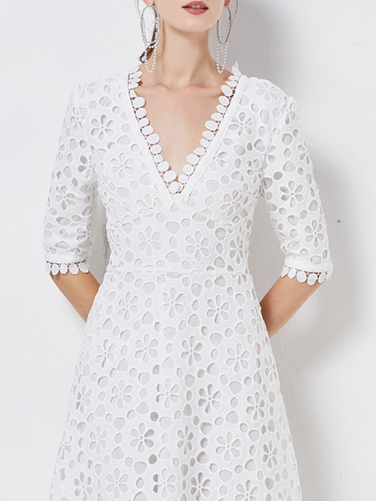 Elegant A-Line V-Neck Short Sleeve High Waist Tunic Dress for Women - Fashionable Summer Casual Wear for Office, Party & Date Night