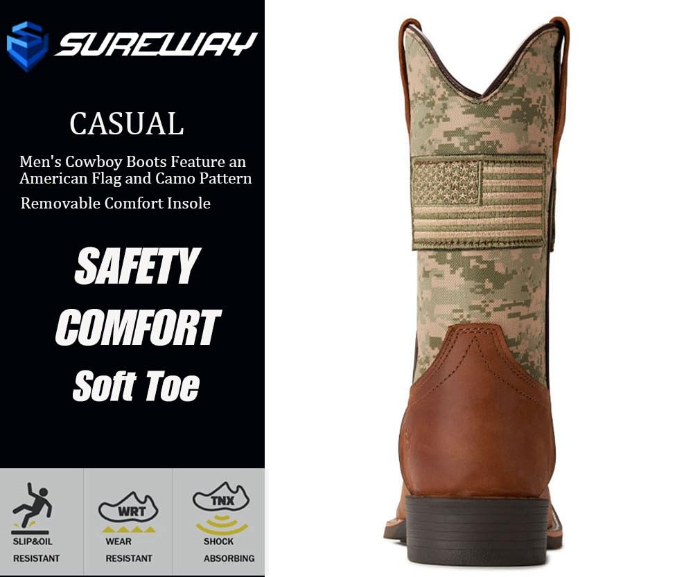 SUREWAY Men's Cowboy Boots - Square Toe Western Boots with American Flag Design | Oil & Slip Resistant | Durable & Stylish Pull-On Boots for Rodeo, Country Dance & Outdoor Work