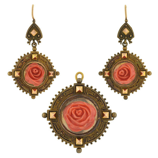 18K Gold Victorian Style Carved Coral Rose Earrings & Brooch Pendant Set – Elegant Antique Jewelry for Weddings, Parties & Special Occasions