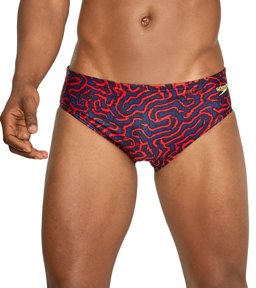 Speedo Men's Modern Race Maze Brief Swim Trunks - Team Red White Blue - Size 34 US - Fast-Drying Competitive Swimwear for Pool & Beach Activities