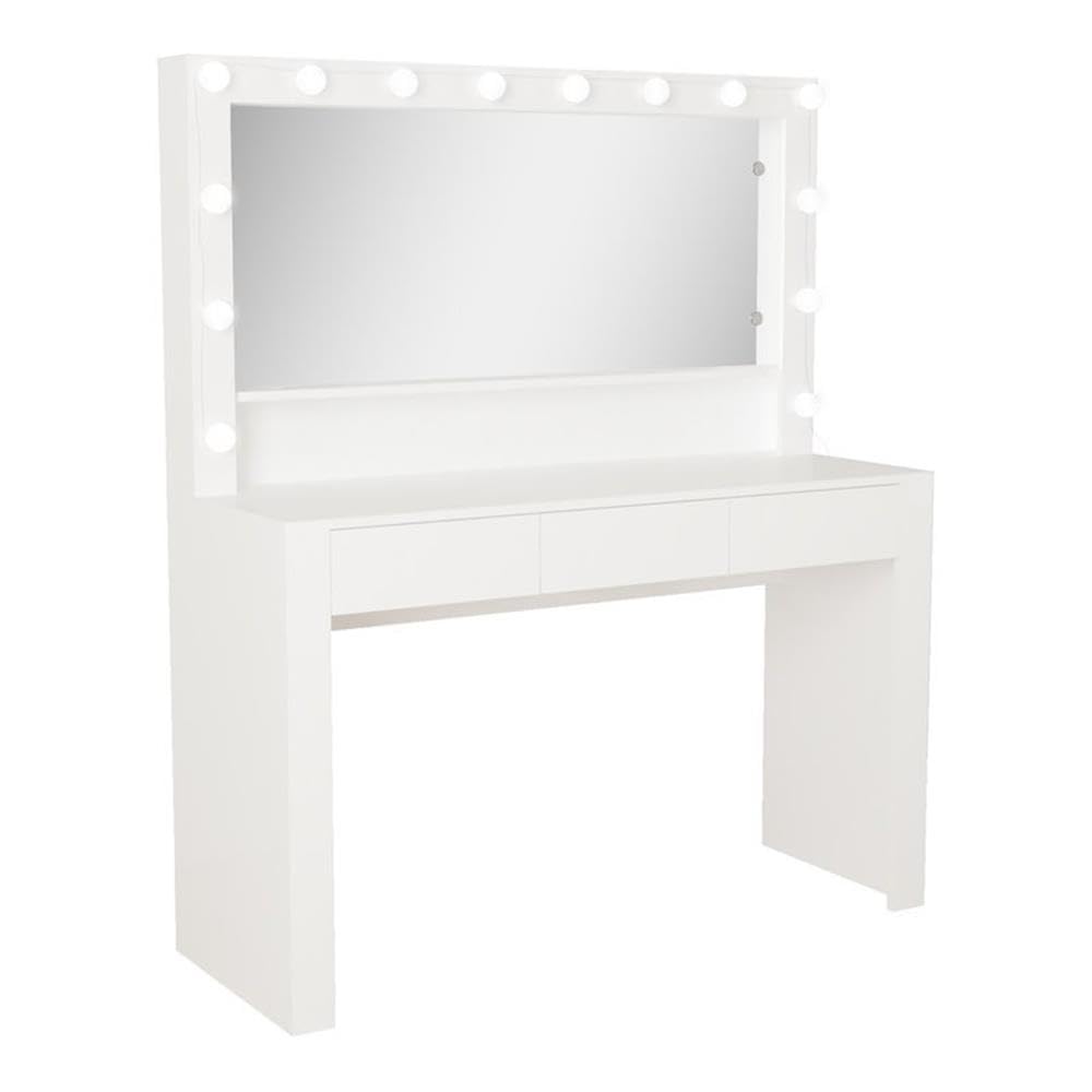 Boahaus Calliope Modern Vanity Table with Light Bulbs - White Finish Dressing Table for Bedroom, Makeup Vanity with Mirror & Stool - Perfect for Women's Beauty Routine & Home Decor