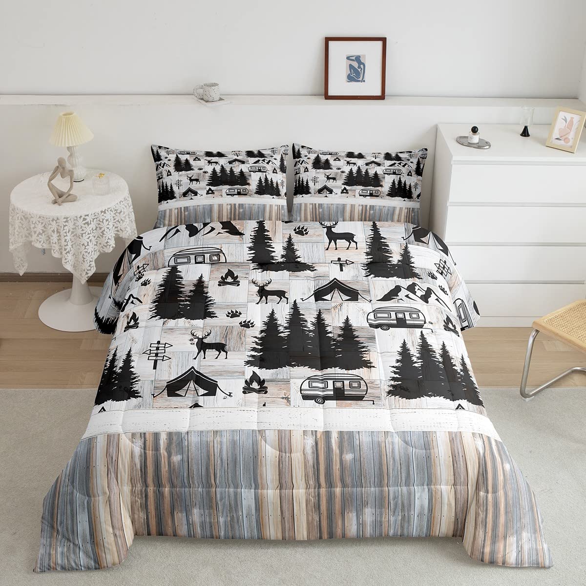Farmhouse Style Twin Kids Camper Bedding Set - Rustic Nature Deer Bear Print Comforter for Boys & Girls - Soft, Cozy Quilted Camping Vacation Theme Bedding - Perfect for Kids' Rooms, Camping Trips & Cozy Decor