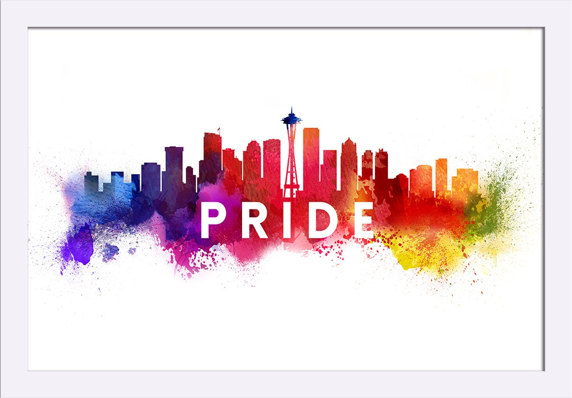 Seattle Washington Gay Pride Skyline Abstract Art Print - 16x24 Giclee Fine Art on Recycled Wood Frame in White - Perfect for LGBTQ+ Home Decor & Office Wall Art