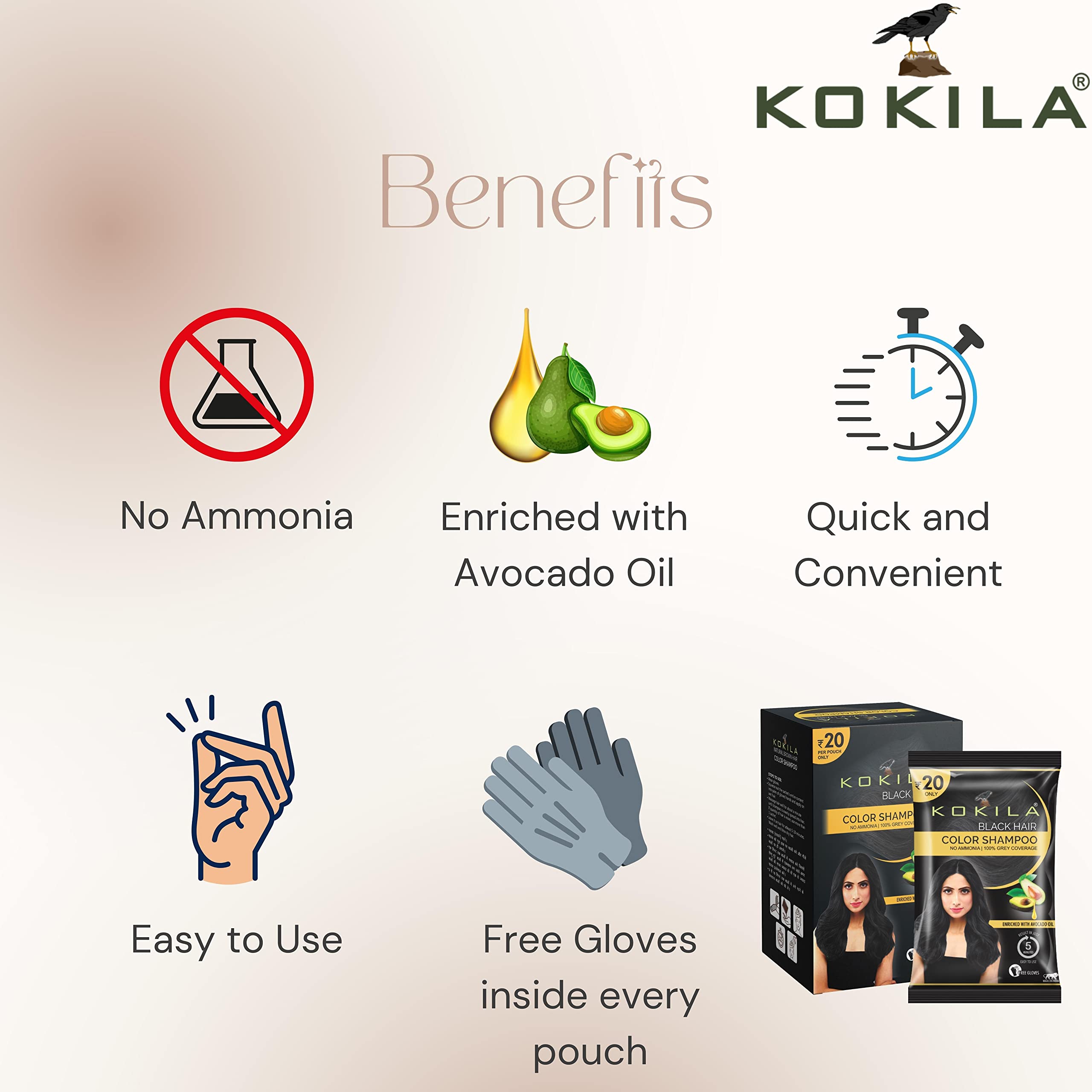 Kokila Unisex Instant Hair Color Shampoo with Almond Oil - 5 Minute Long-Lasting Black Hair Dye (10 Pack, 15ML Each) - Perfect for Quick Touch-Ups, Gray Coverage & At-Home Hair Coloring