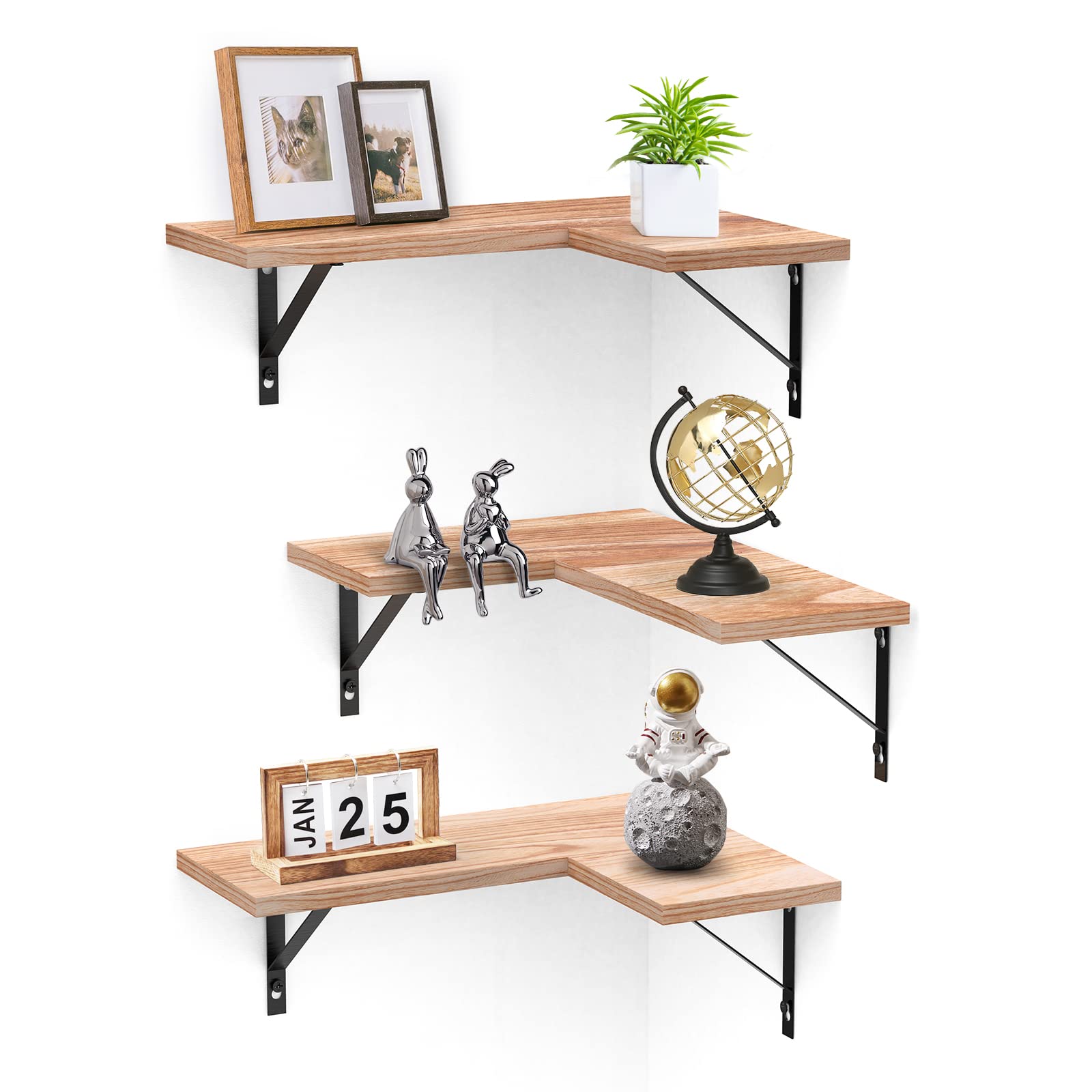 LIVOWALNY 3-Tier Corner Shelf Wall Mounted - Rustic Floating Shelves for Office, Kitchen, Living Room - Includes Screwdriver & 6 Metal Brackets - Perfect for Small Space Organization & Home Decor