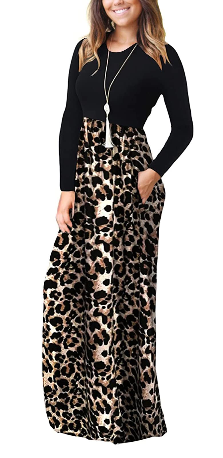 Supnier Women's Casual Long Sleeve Maxi Dress with Pockets - Empire Waist Flowy Summer Beach Dress for Vacation, Party & Everyday Wear