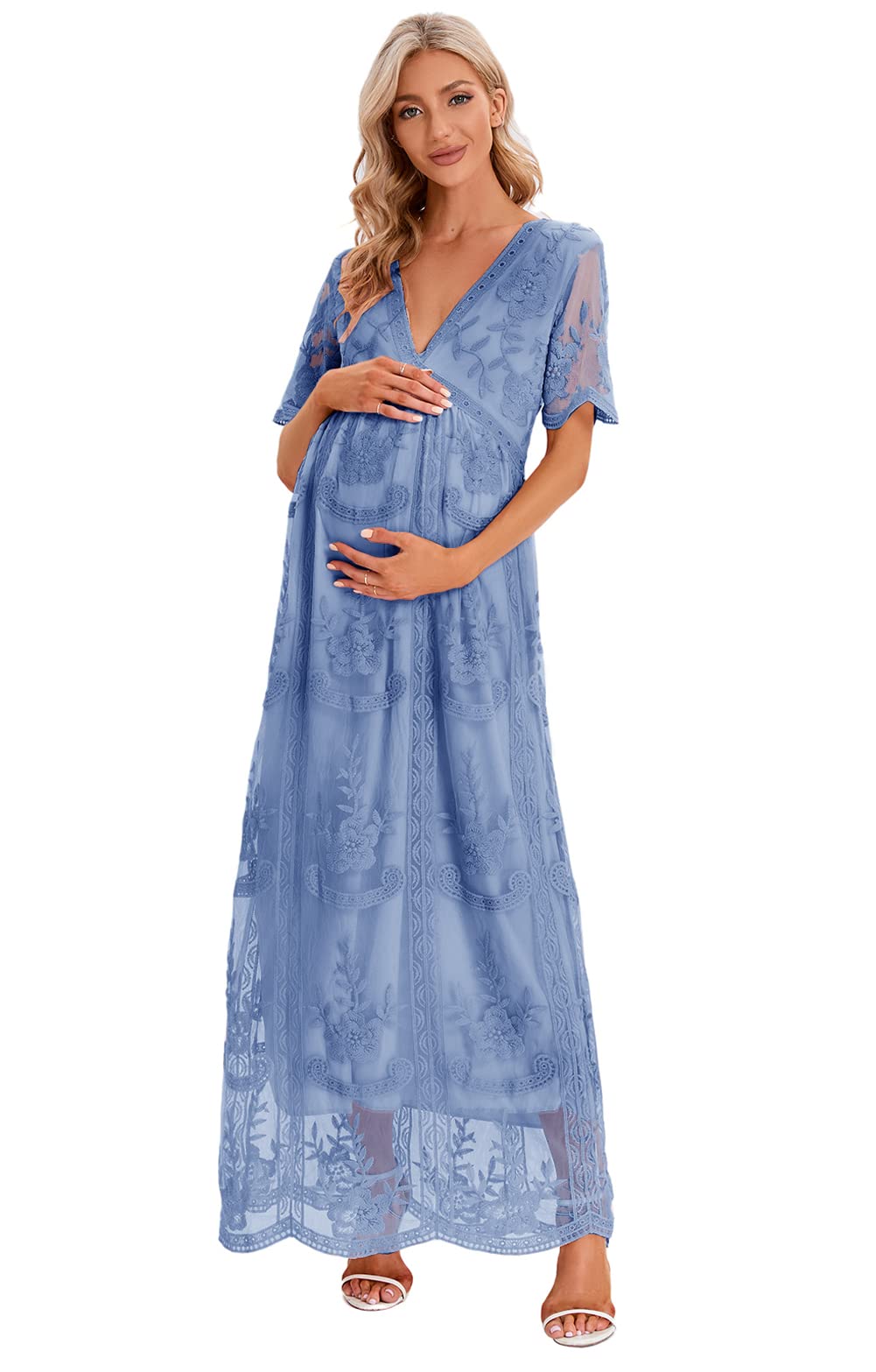 ZIUMUDY Floral Lace V-Neck Maternity Wedding Dress with Short Sleeves - Elegant Long Dress for Pregnancy Photoshoot, Baby Shower & Special Occasions