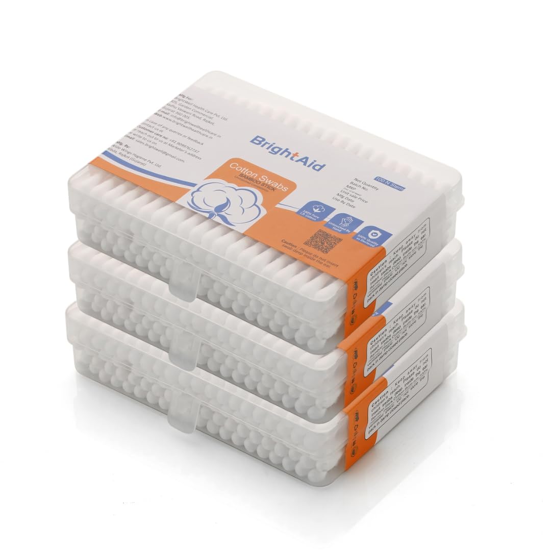Bright Aid Cotton Swabs - 100% Pure & Soft Cotton Buds with Bamboo Wooden Sticks (Pack of 3, 100 Count Each) - Gentle Ear Cleaning, Makeup Application & First Aid Care