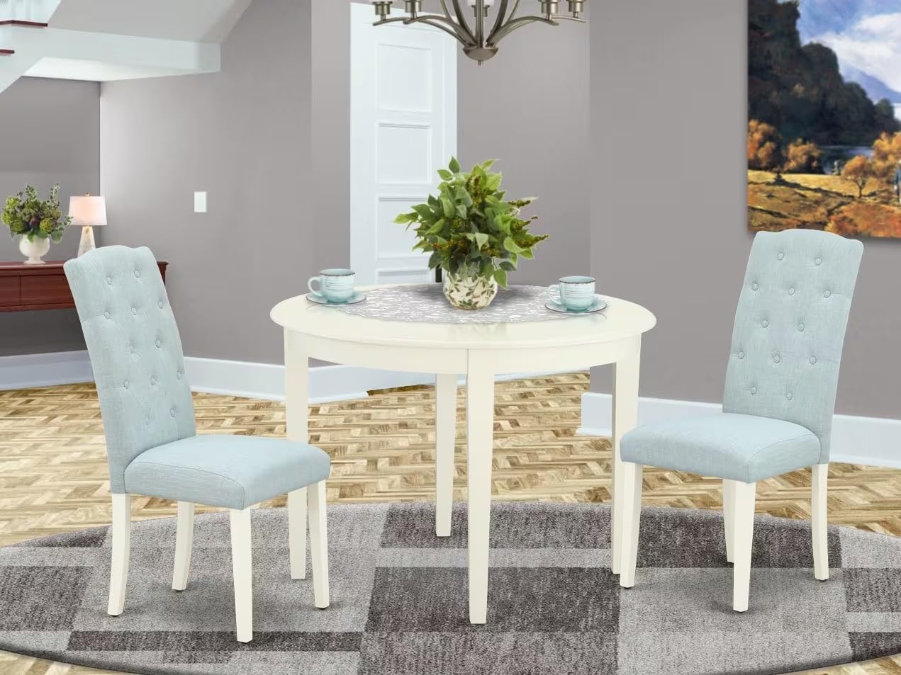 East West Furniture 3 Piece Round Dining Table Set for Small Spaces - 42x42 Inch Kitchen Table with 2 Baby Blue Linen Fabric Chairs, White Linen Finish - Perfect for Apartments, Breakfast Nooks & Cozy Dining Areas