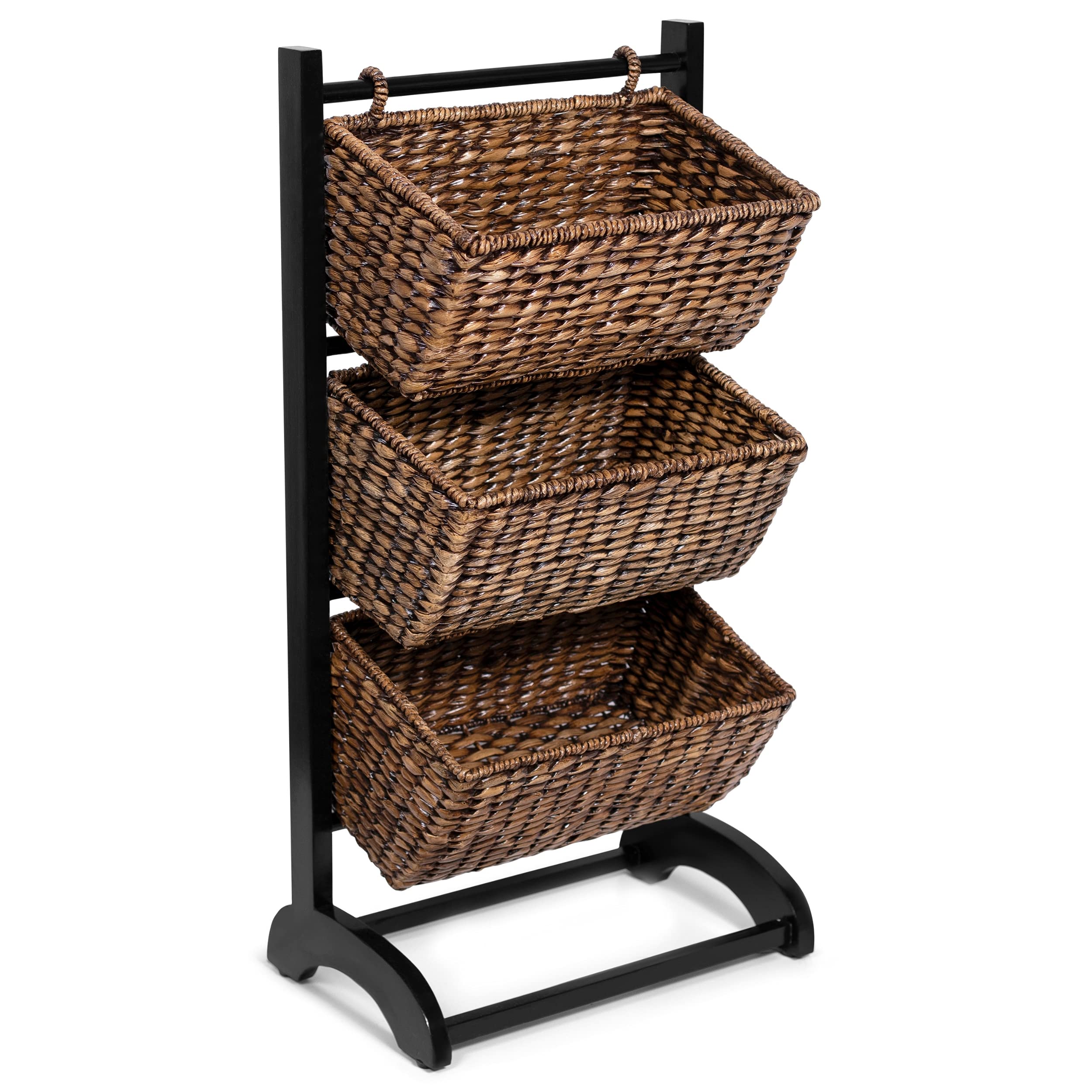 BIRDROCK HOME 3-Tier Abaca Storage Organizer Shelf - Espresso Brown - Durable Abaca Fiber & Solid Wood Frame - 3 Baskets for Bedroom, Bathroom, or Kitchen Organization - Space Saving Storage Solution