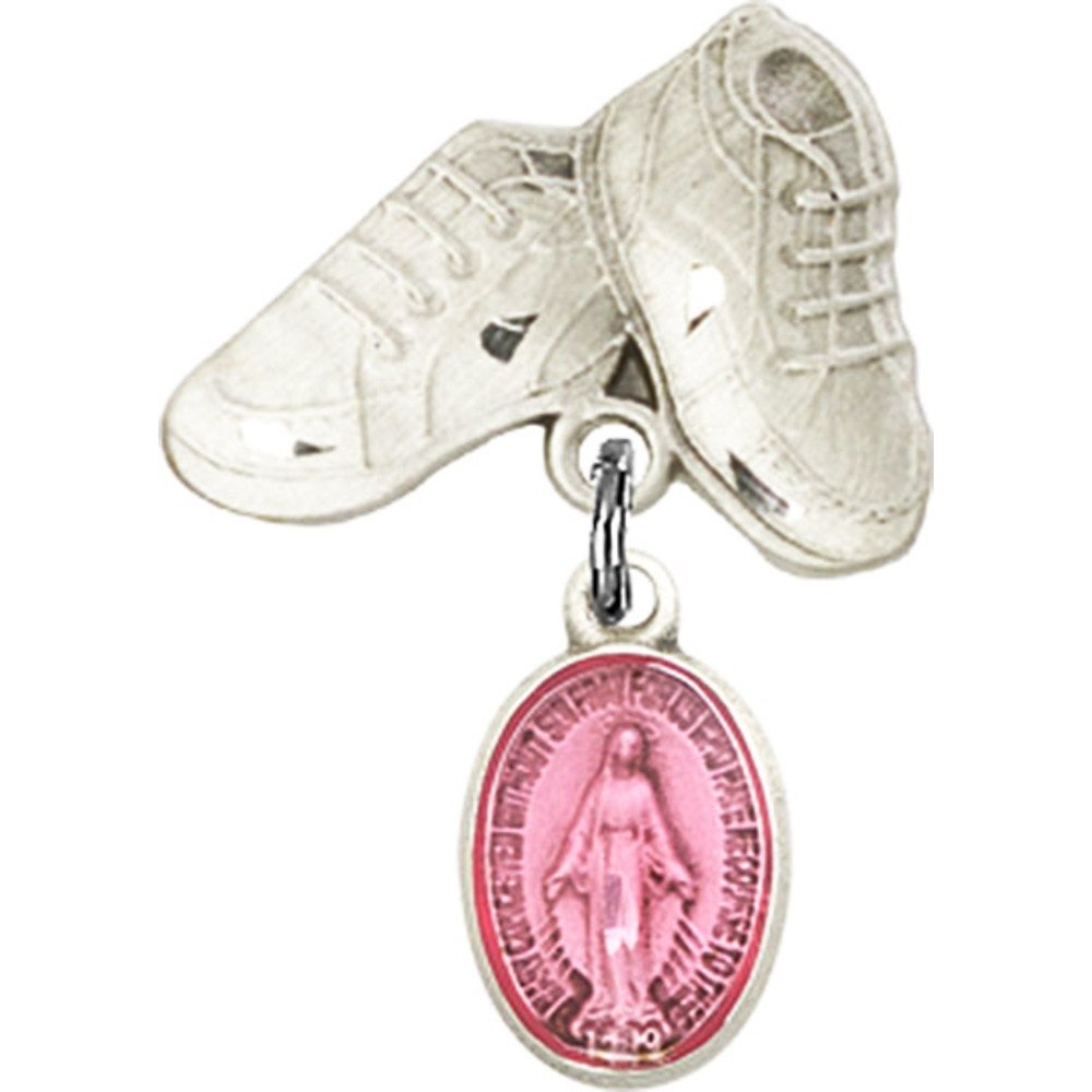 Sterling Silver Baby Badge with Pink Miraculous Charm & Baby Boots Pin - 1 X 5/8 Inch Tiny Keepsake for Christening, Baptism & Newborn Gifts - Perfect for Baby Showers, First Birthday & Memory Jewelry