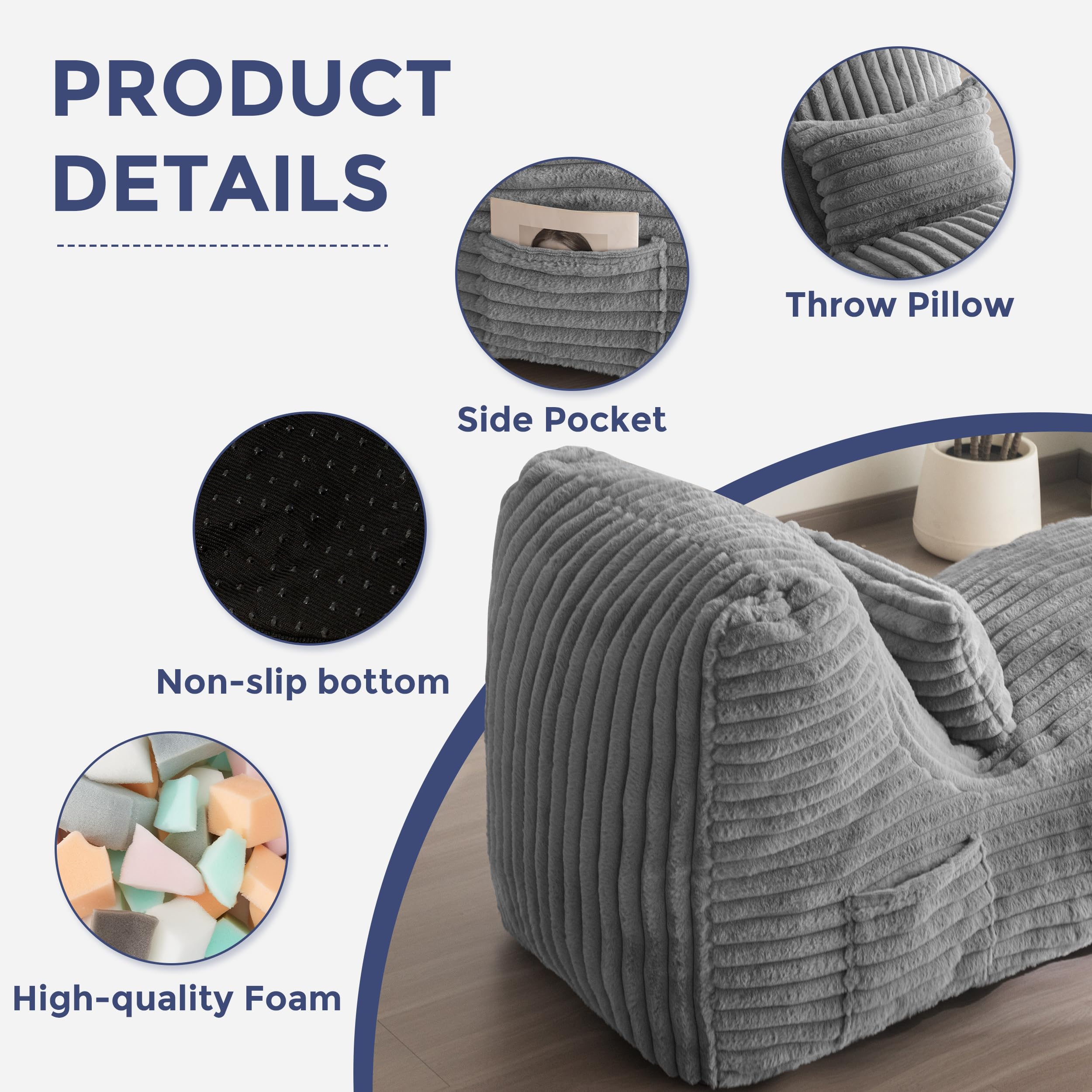 Ergonomic Velvet Chaise Lounge Chair with Pillow - Soft Fabric Floor Sofa for Bedroom & Living Room - Grey | MAXYOYO Comfortable Fainting Couch for Relaxing, Reading & Napping
