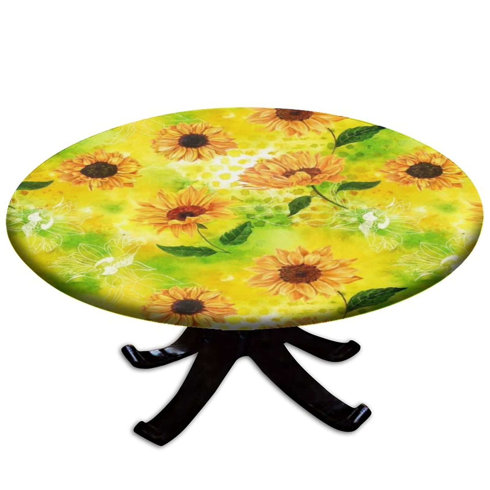 Yellow Sunflower Fitted Tablecloth Round with Green Leaf Background - Elastic Edge Table Cover for Outdoor Patio, Party & Dining Table Decor - Fits 44