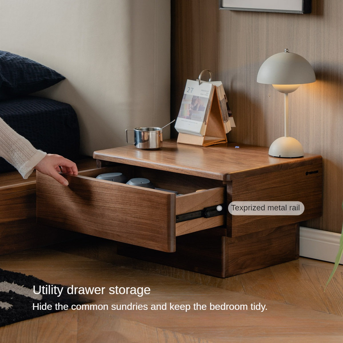 Premium Black Walnut Solid Wood Nightstand with LED Light Drawer - Stylish Bedside Table for Bedroom, Living Room, or Guest Room