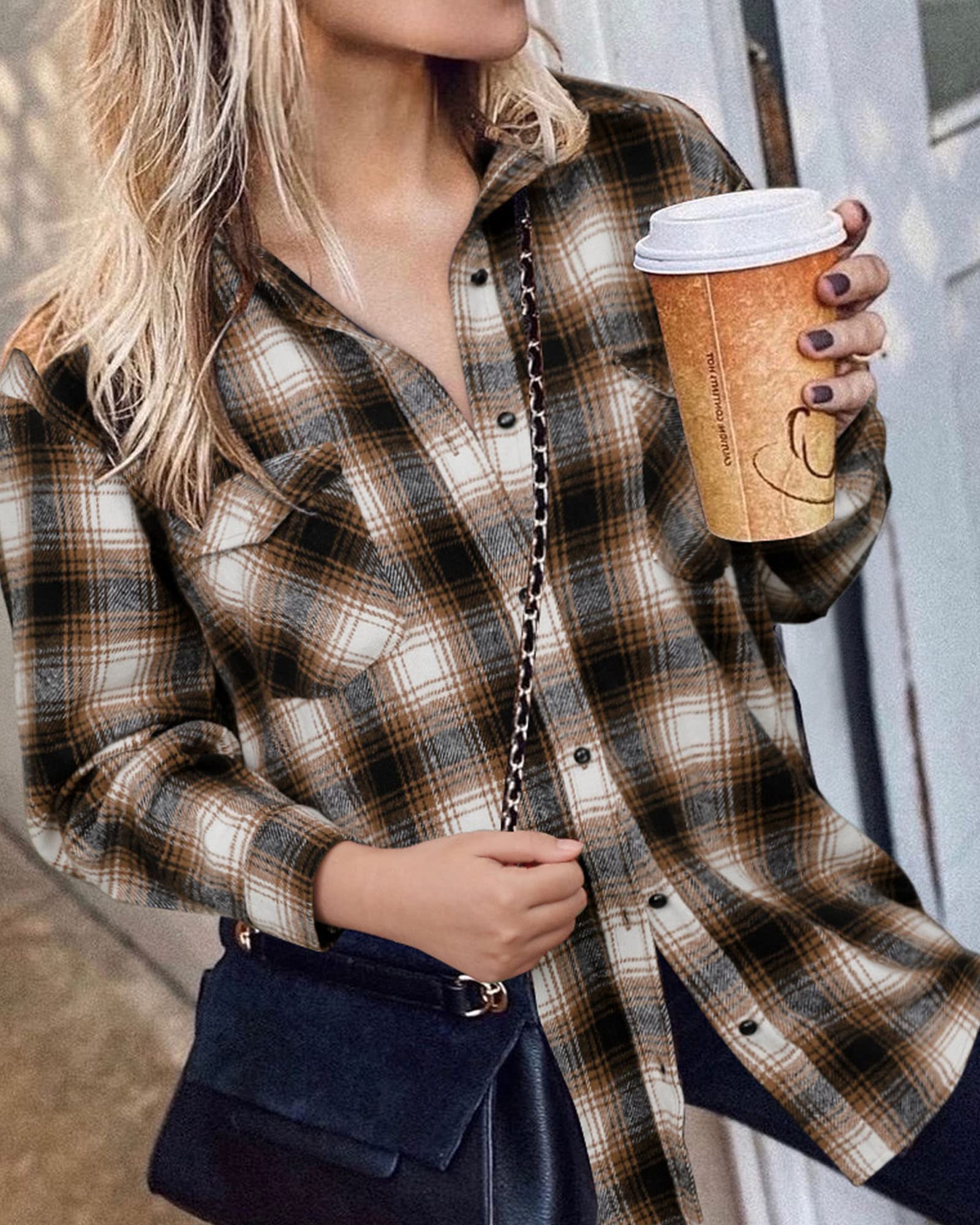 BTFBM Women's Plaid Flannel Shacket - Long Sleeve Button Down Casual Shirt Jacket for Fall & Spring | Loose Fit Blouse Top for Work, Outdoor & Daily Wear (2025 Fashion)